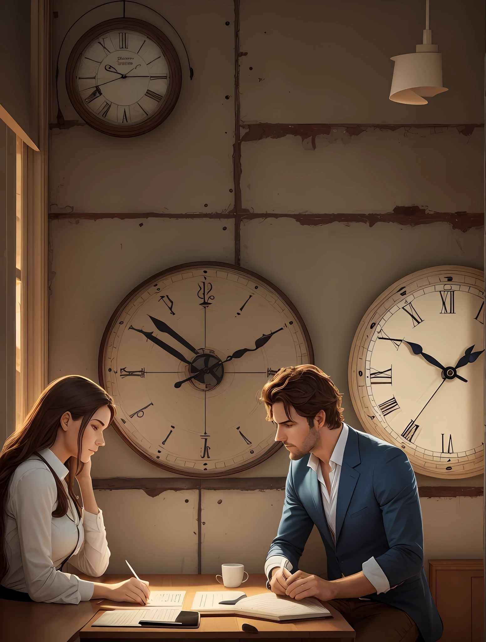 Man and woman lovers, working. Working, tired. Exhausted man and woman. Clocks on the wall. Clock --auto --s2