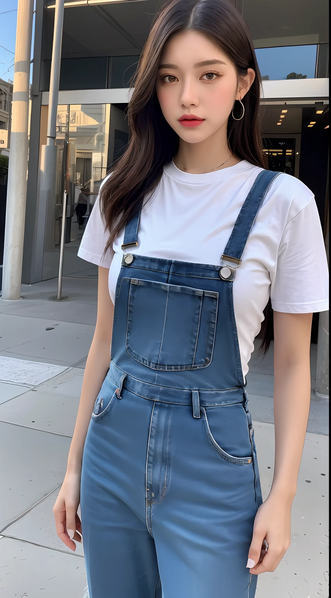 (best quality, realistic image), selfie, 8k, iPhone 13 camera, vibrant colors, beautiful girl wearing jeans overalls and white T-shirt, urban scene of Los Angeles at dusk.