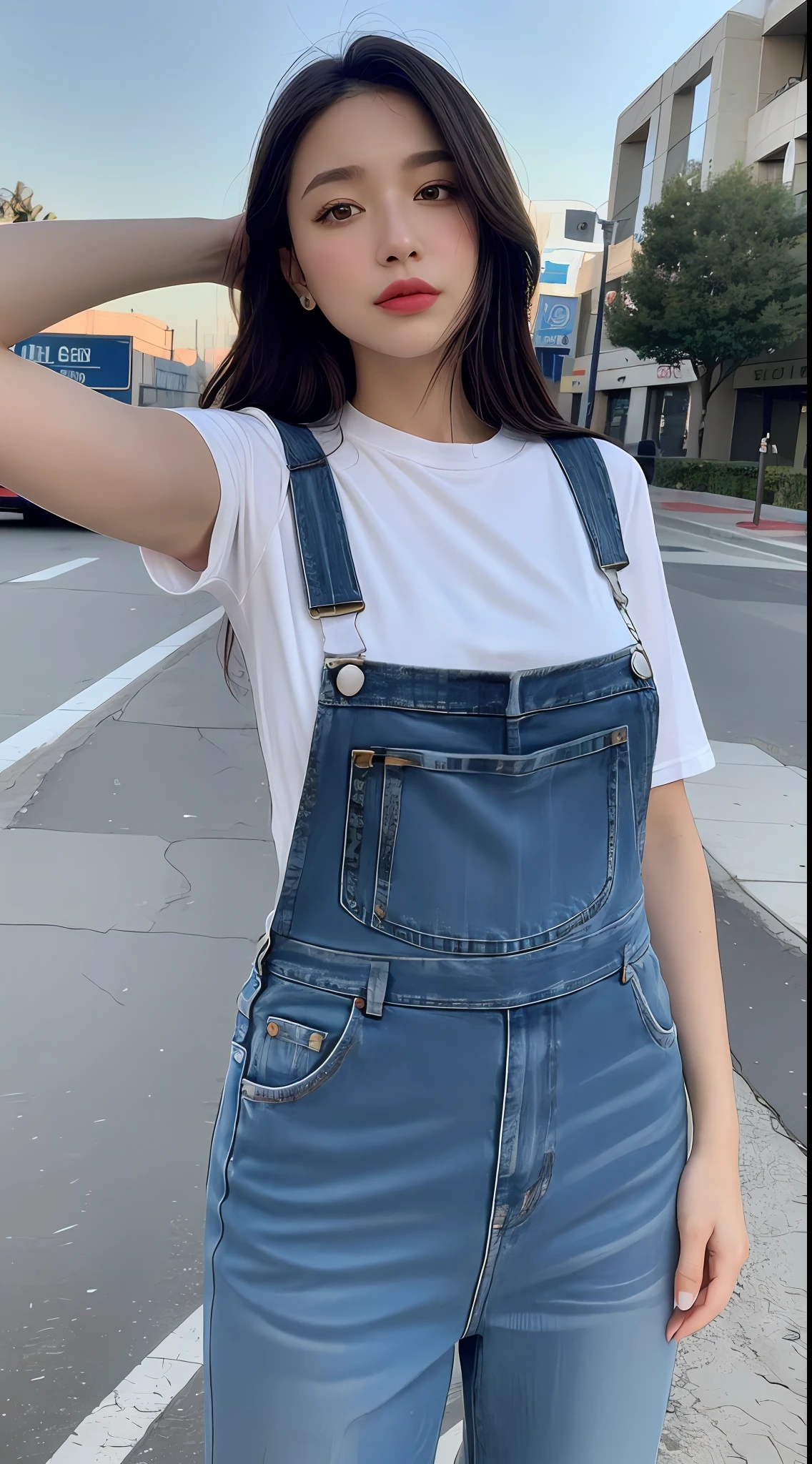 (best quality, realistic image), selfie, 8k, iPhone 13 camera, vibrant colors, beautiful girl wearing jeans overalls and white T-shirt, urban scene of Los Angeles at dusk.