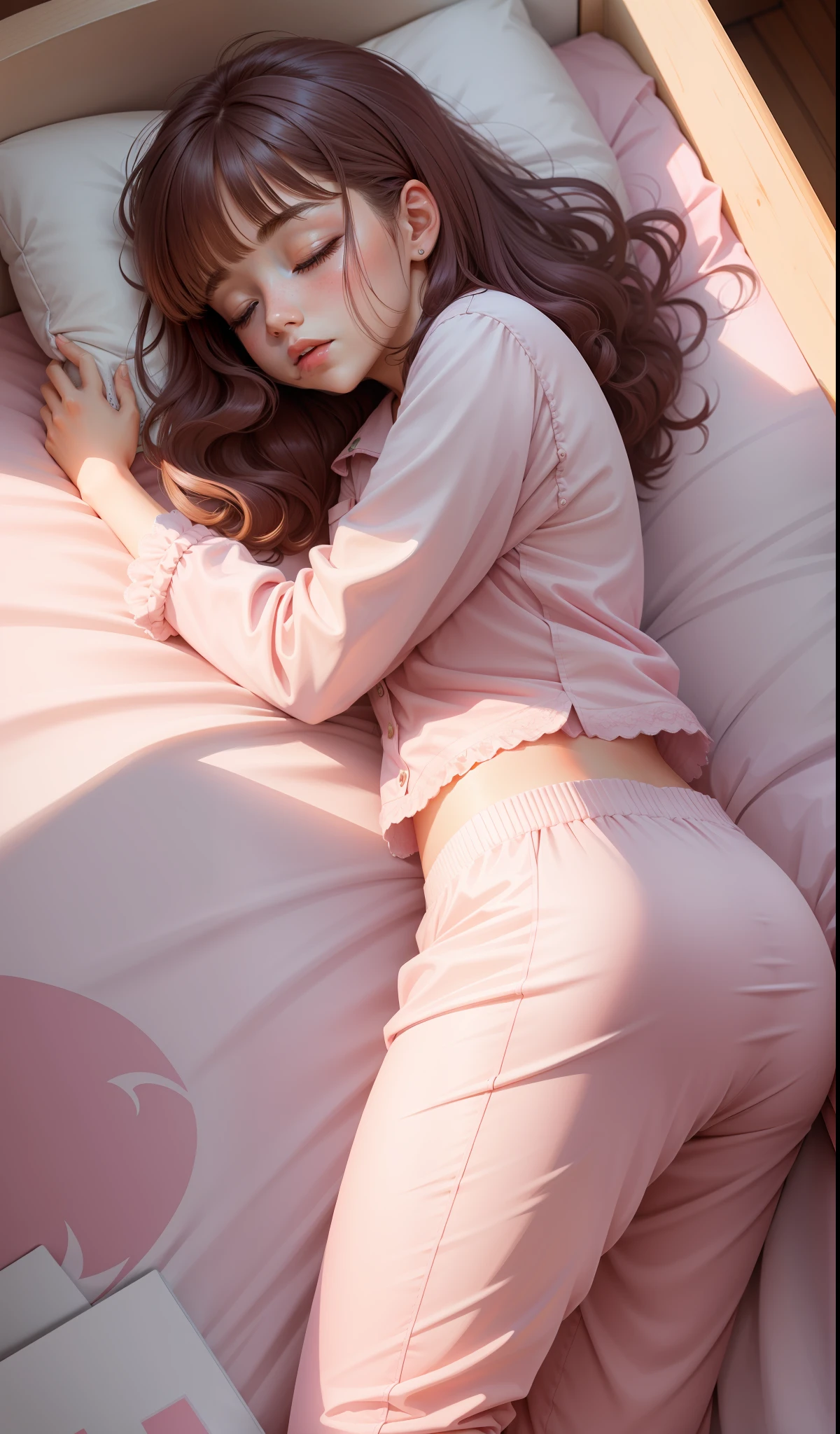 Sleeping girl, 22 years old, realistic, she is wearing long pants, she is wearing pink pajama, brown hair.