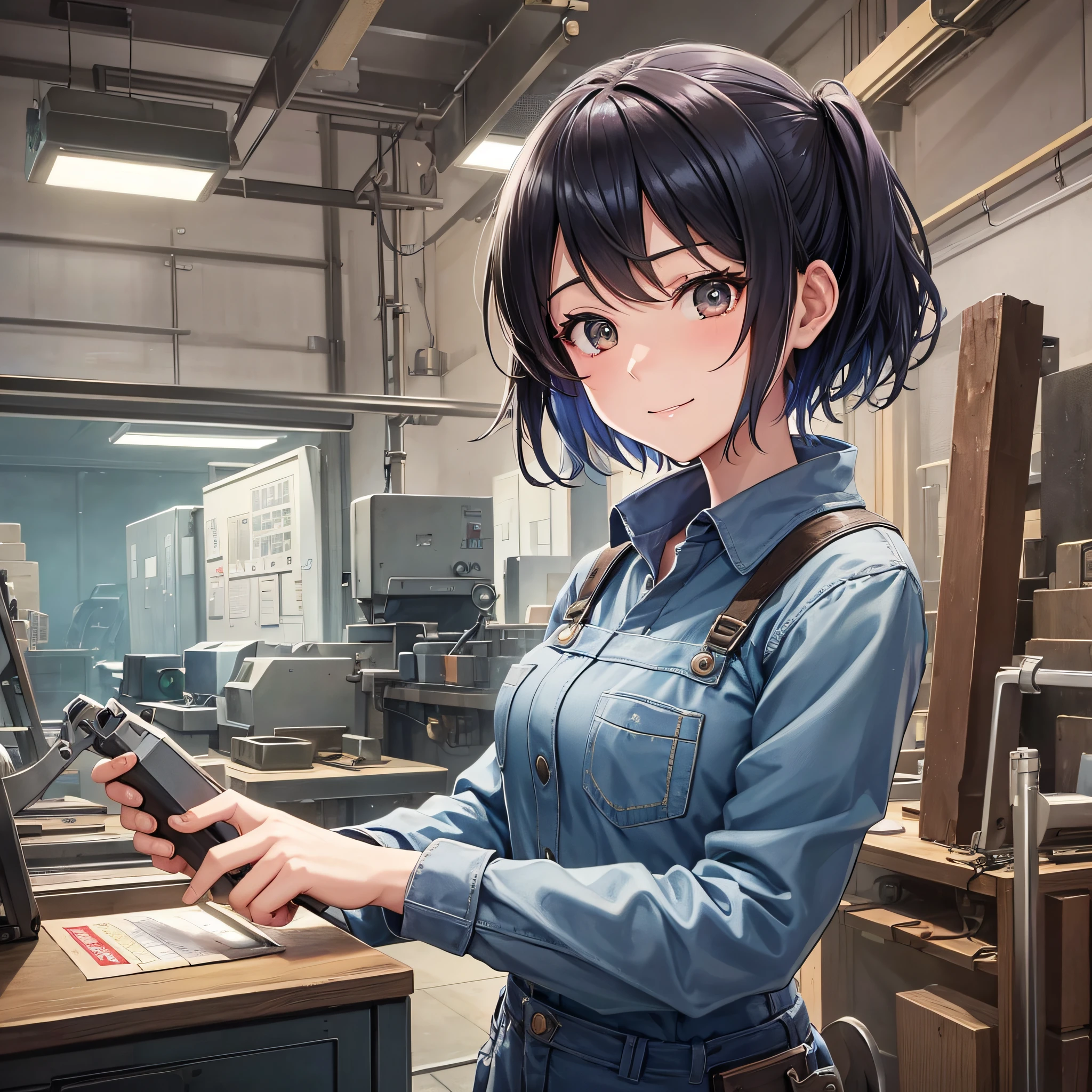 【Prompt】 Please generate an image of a woman in her 20s doing welding work, represented as an animated illustration. She is standing and has short-cut hair of black color. I have a welding mask in my hand and concentrate on welding work. There is a desk in the background, and drawings are placed on the desk. Take advantage of the characteristics of anime style and bring life to her facial expressions and poses. In addition, incorporate elements that create the atmosphere of a factory or workshop in the background, and express the appearance of tools and machines being placed. Use a vivid color palette and meticulous design to bring out the charm unique to anime illustrations. 【Sample Prompt】 Generate a scene drawn as an anime illustration of a woman in her 20s doing welding work. She is standing, with black short-cut hair and a welding mask in her hands. Her face is bright and expressive, characterized by big eyes and a smile. They wear work clothes and wear industrial costumes with accent color designs. Concentrate on the welding work and draw a picture of manipulating the welding equipment at hand. There is a desk in the background, and drawings and measuring instruments are placed on the desk. Machines, tools, pipes, etc. from factories and workshops are placed around to create a lively atmosphere. Also, incorporate bright lighting and spark effects to create a scene full of energy. Use a colorful and vivid color palette and bring out the charm unique to anime illustrations with detailed designs. --auto --s2