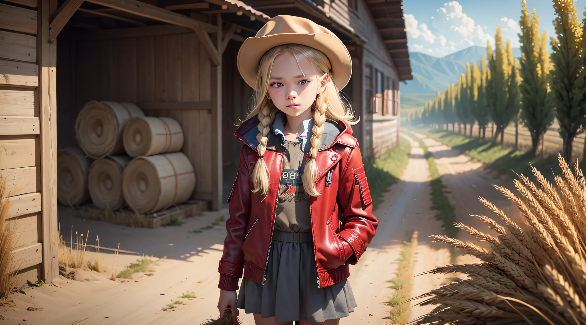 Girl child 10 years old, Russian blonde in braids, with red leather jacket outfit, farmer's hat, holding wheat in her hands, hay rolls on the floor