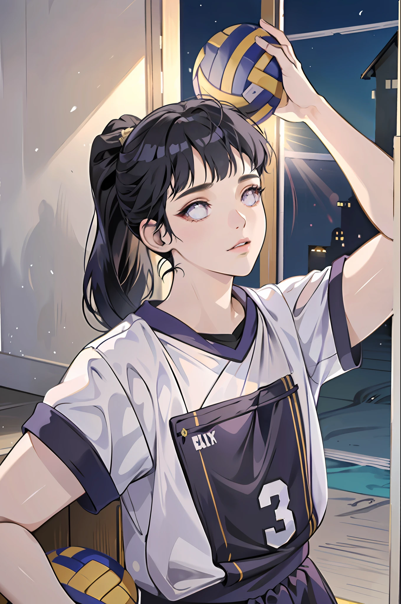 masterpiece, (ultra-detailed), 8K, ultra high res, (1girl), finely detailed beautiful eyes, dark blue hair, small breasts, purple eyes, light on face, light on body, solo, ((masterpiece)), sunshine light, stadium, (((volleyball))), (((volleyball player outfit))), (playing volleyball), hinata/(boruto/) , blunt bangs, ponytail, from front