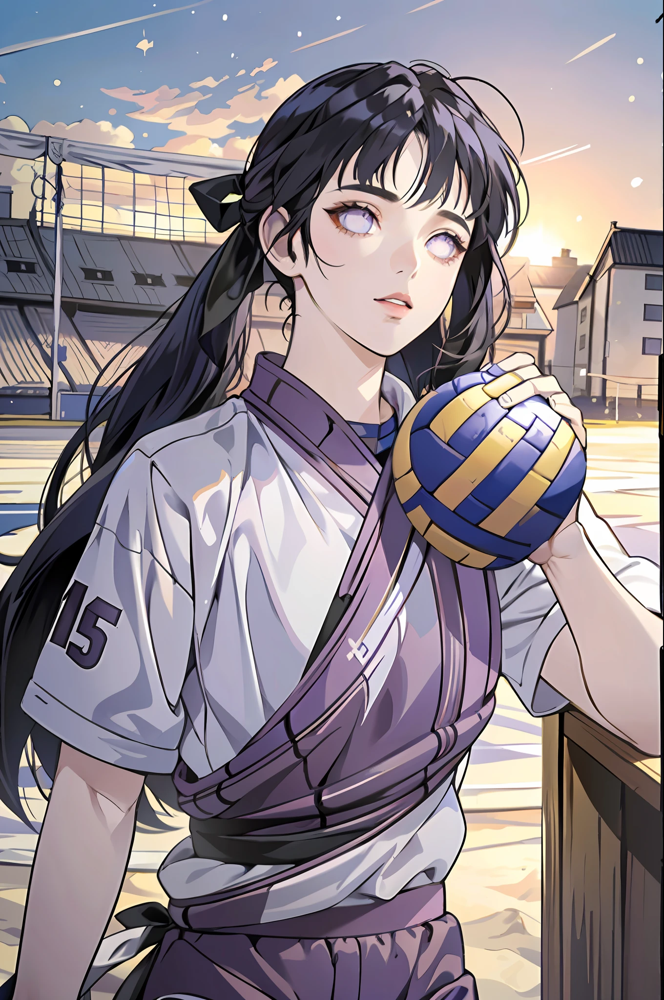 masterpiece, (ultra-detailed), 8K, ultra high res, (1girl), finely detailed beautiful eyes, dark blue hair, small breasts, purple eyes, light on face, light on body, solo, ((masterpiece)), sunshine light, stadium, (((volleyball))), (((volleyball player outfit))), (playing volleyball), hinata/(boruto/) , blunt bangs, ponytail, from front