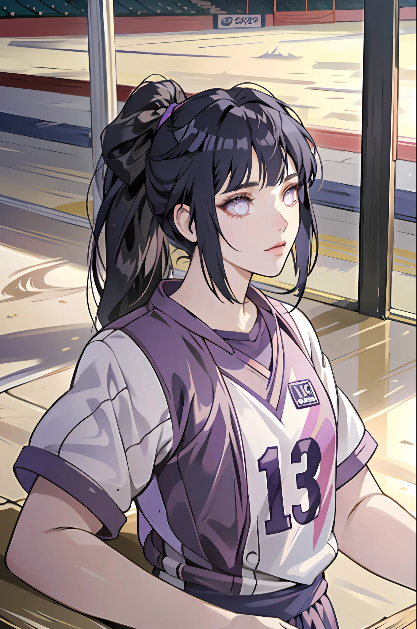 masterpiece, (ultra-detailed), 8K, ultra high res, (1girl), finely detailed beautiful eyes, dark blue hair, small breasts, purple eyes, light on face, light on body, solo, ((masterpiece)), sunshine light, stadium, (((volleyball))), (((volleyball player outfit))), (playing volleyball), hinata/(boruto/) , blunt bangs, ponytail, from front