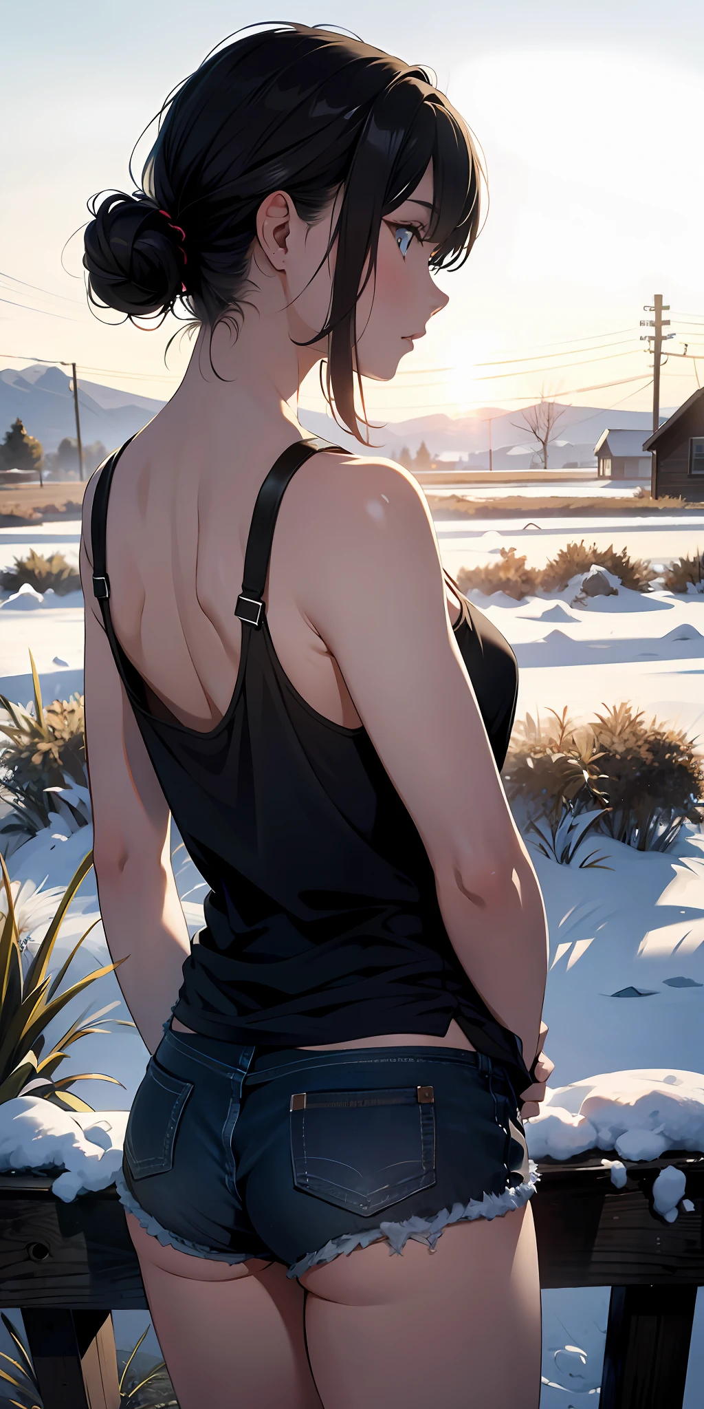 Absurd resolution, high resolution, (masterpiece: 1.4), super detailed, girl alone, snowy field, tank top, scratched, sexy, back view,