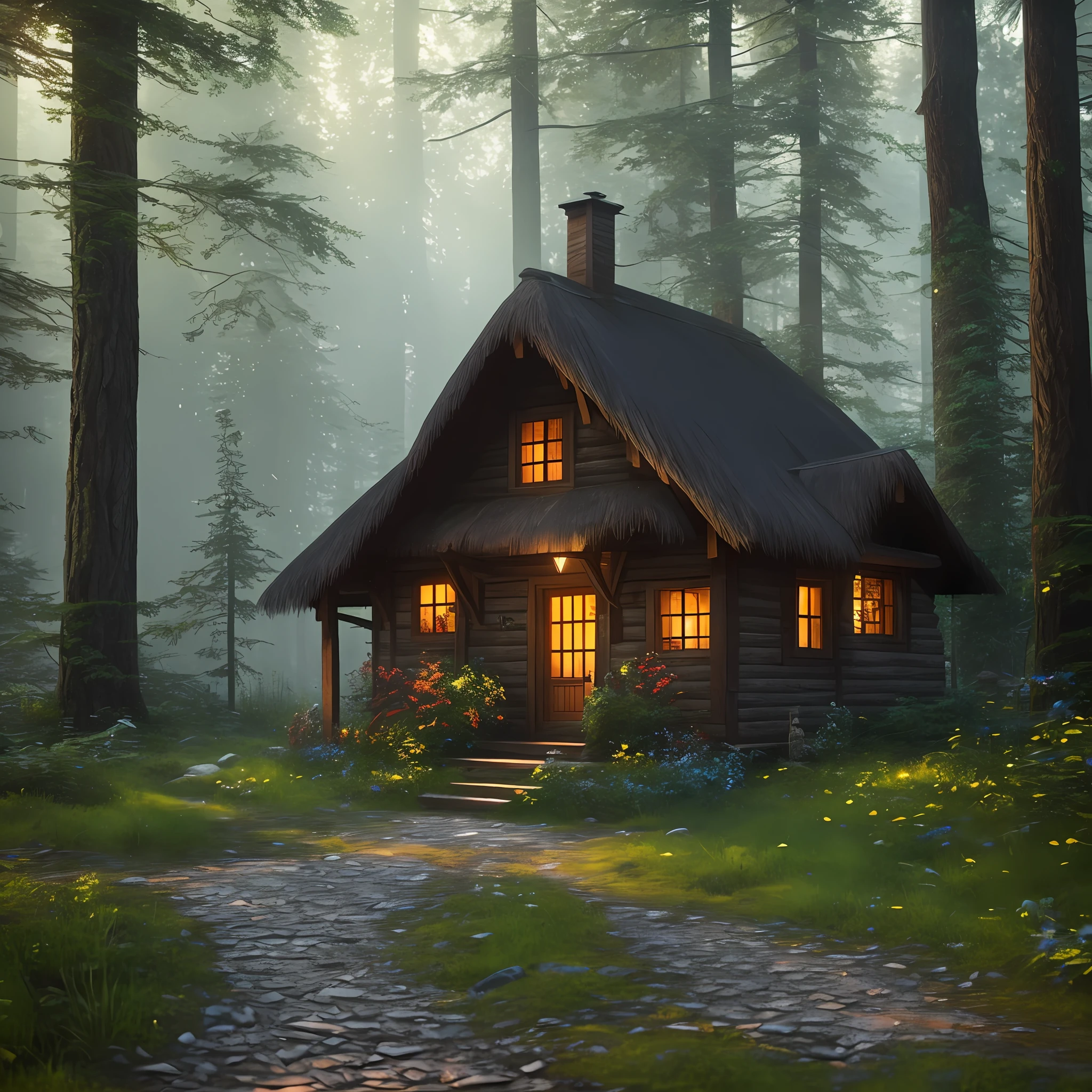 There is a small hut in the middle of the forest, cottage in the forest, beautiful rendering of fairy tale, cottage in the forest, idyllic cottage, beautiful big house on the forest path, realistic fantasy rendering, realistic unreal engine 3d game, house in the forest, witch cottage in the forest, highly detailed unreal engine, lonely cottage in the forest fog,