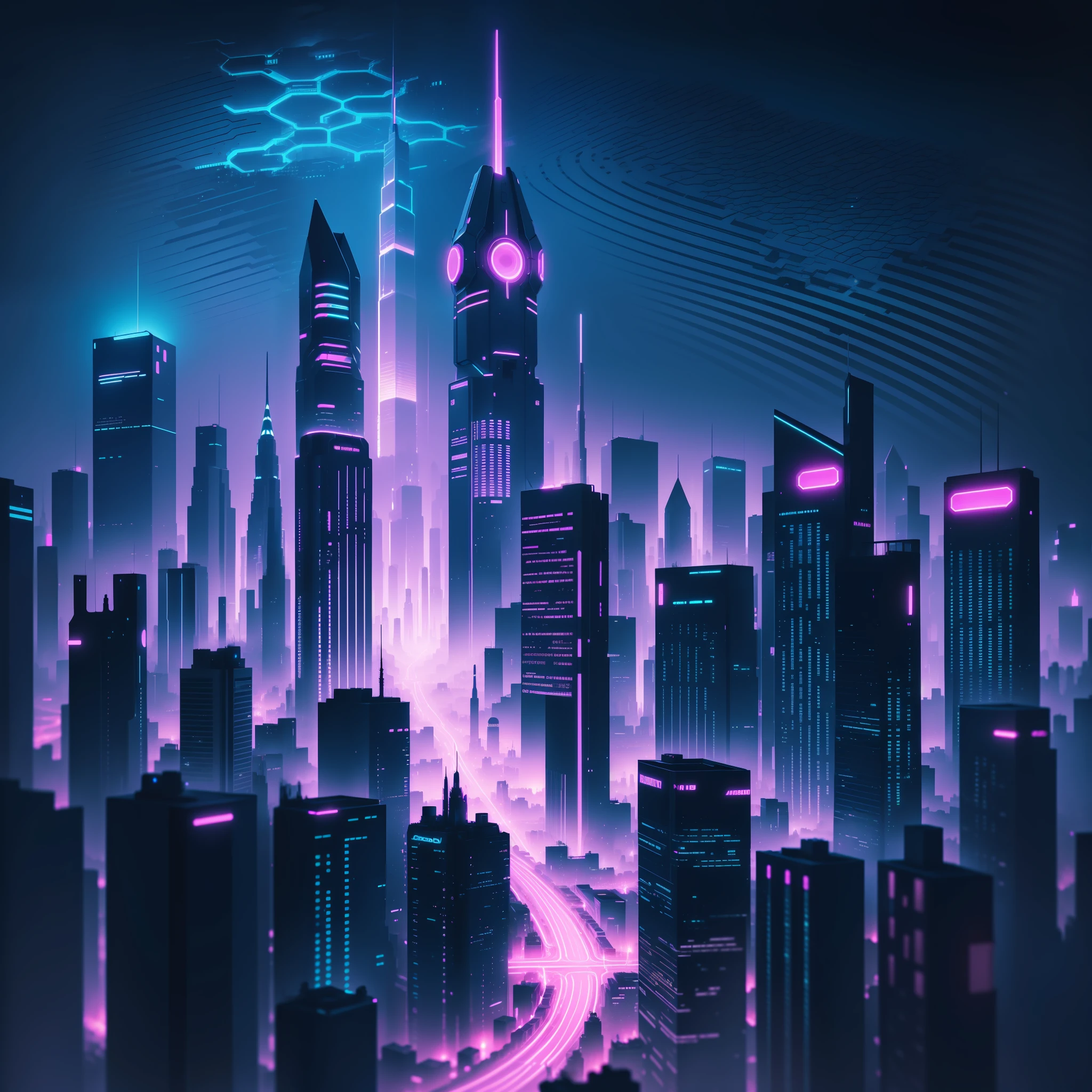 Extremely detailed neoncitadel at night, black silhouette with a futuristic atmosphere and neon lights, illuminating the cityscape. Beautiful and high contrast shadows create depth and intrigue.