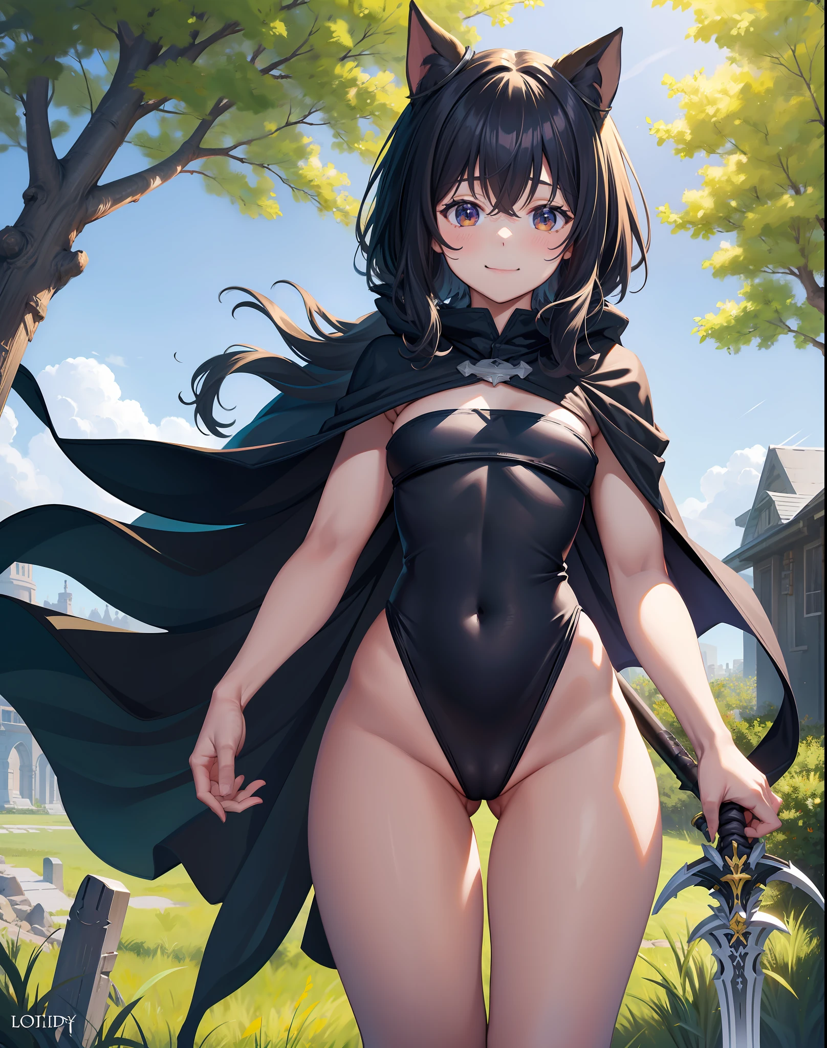 Fantasy, 1 tiny_ Girl, ()++, slender_child, cat_ears, Cape,Outdoor,Leotard, Shy, (bare_groin,bare_waist)++, hold_huge_sword_hilt, Solo, Thighs, covered_,apart_legs, smile, happy, black_hair,