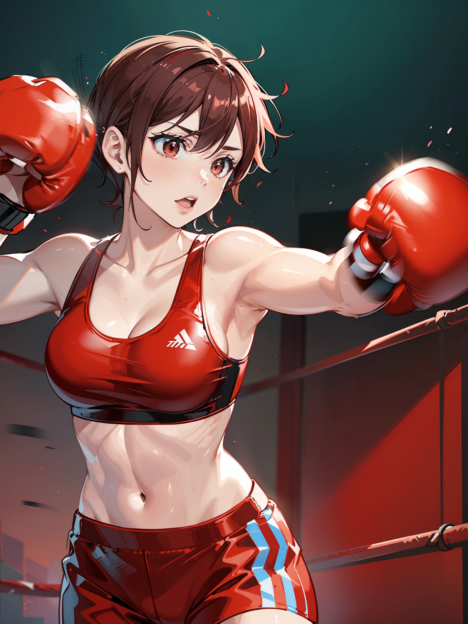 Female boxer,, ((red boxing gloves)), red-brown short hair, black sports bra, boxing ring, ((boxing gloves on both hands)), one fist sticking forward, straight punch