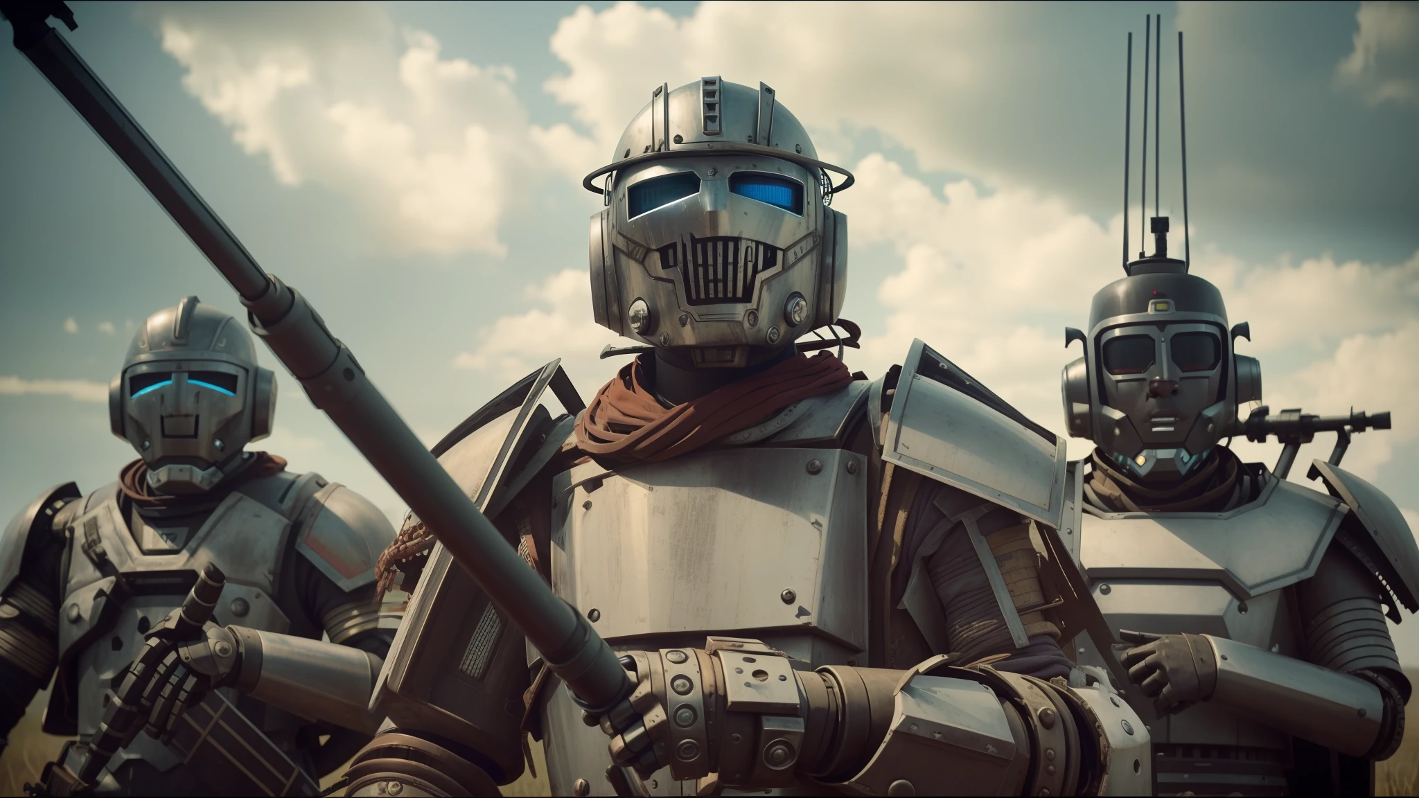 two robots are standing next to each other in a field, movie still of aztec cyborg, steampank style, yasuke 5 0 0 px models, still frame from a movie, comicpunk, armor made of bark, urban patrol, the jewelpunk aesthetic, british stopmotion, steelpunk, war boys