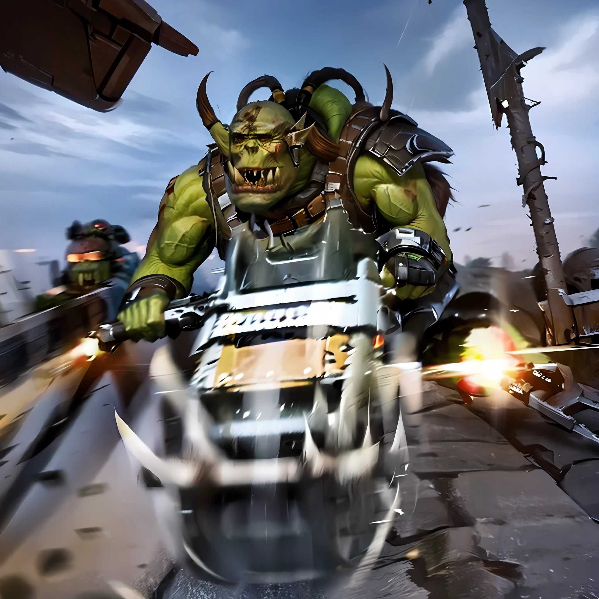 an orc riding a motorcycle, realistic