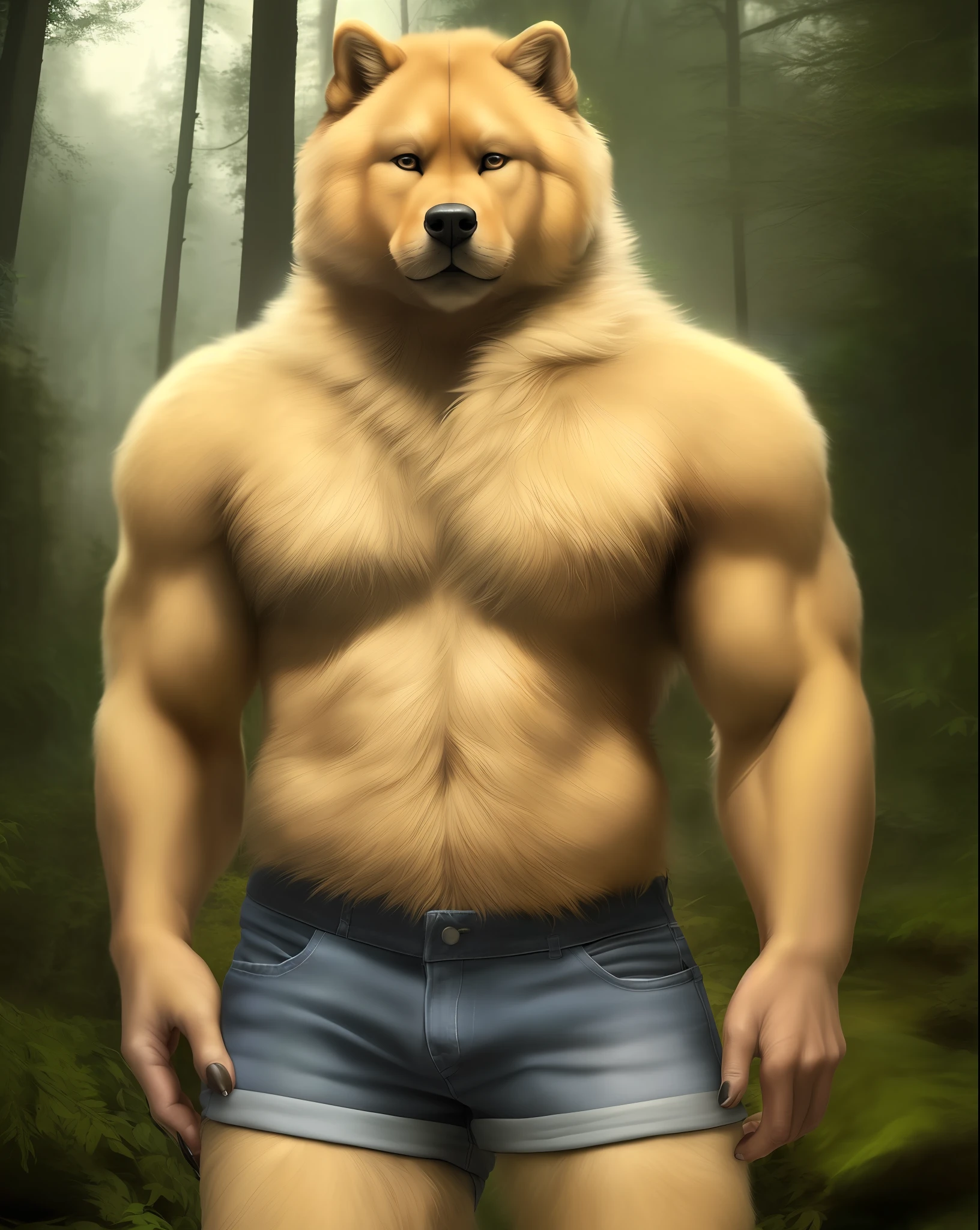 anthro (chow chow), male, adult, muscular, jean shorts, looking at the viewer, (by realistic, detailed fur texture: 1.2), detailed background, wild forest background, photorealistic, hyper realistic, ultra detailed,