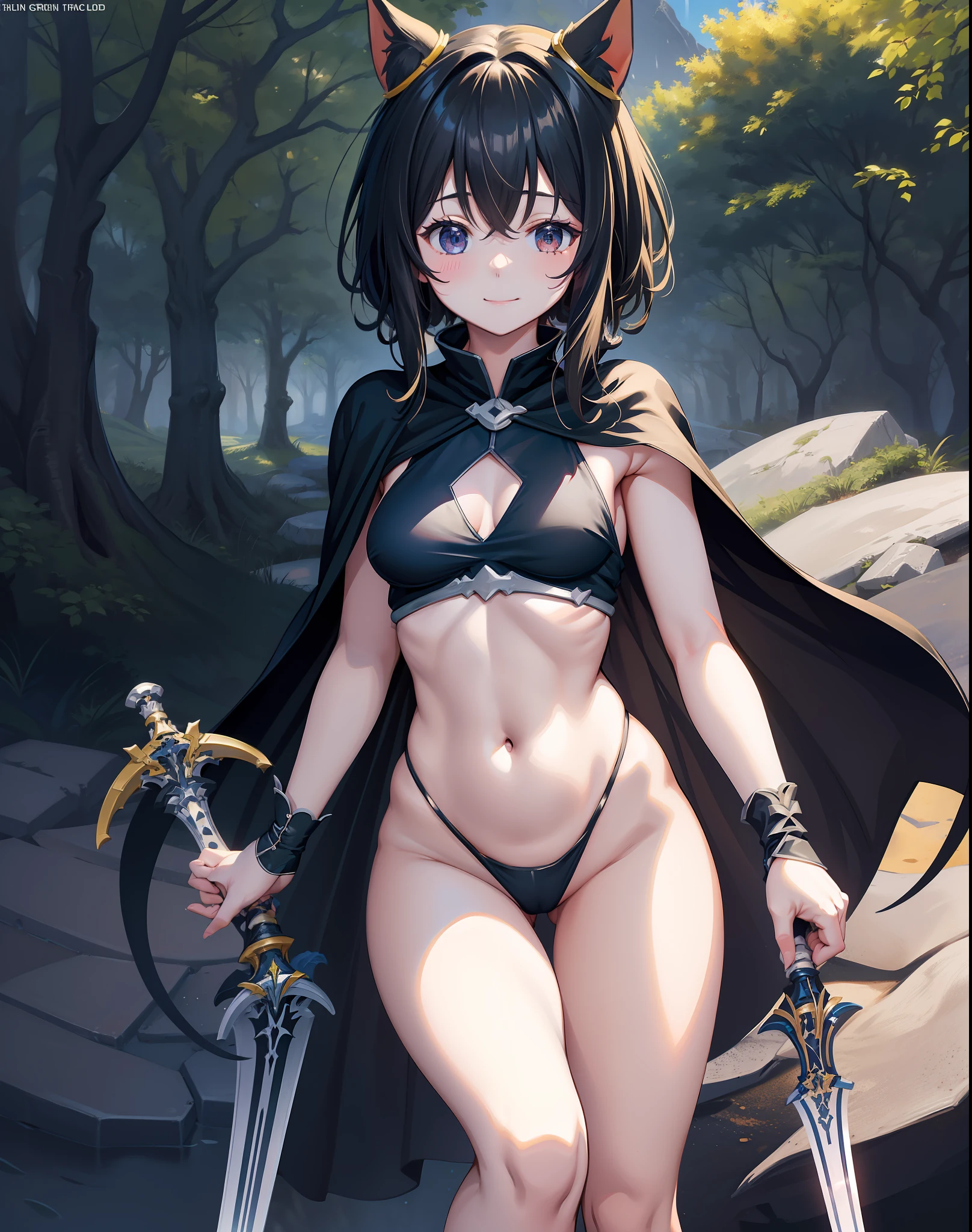 Fantasy, 1 tiny_ Girl, (****)++, slender_child, cat_ears, Cape,Outdoor,Leotard, Shy, (bare_groin,bare_waist)++, hold_huge_sword_hilt, Solo, Thighs, covered_,apart_legs, smile, happy, black_hair, navel_naked,