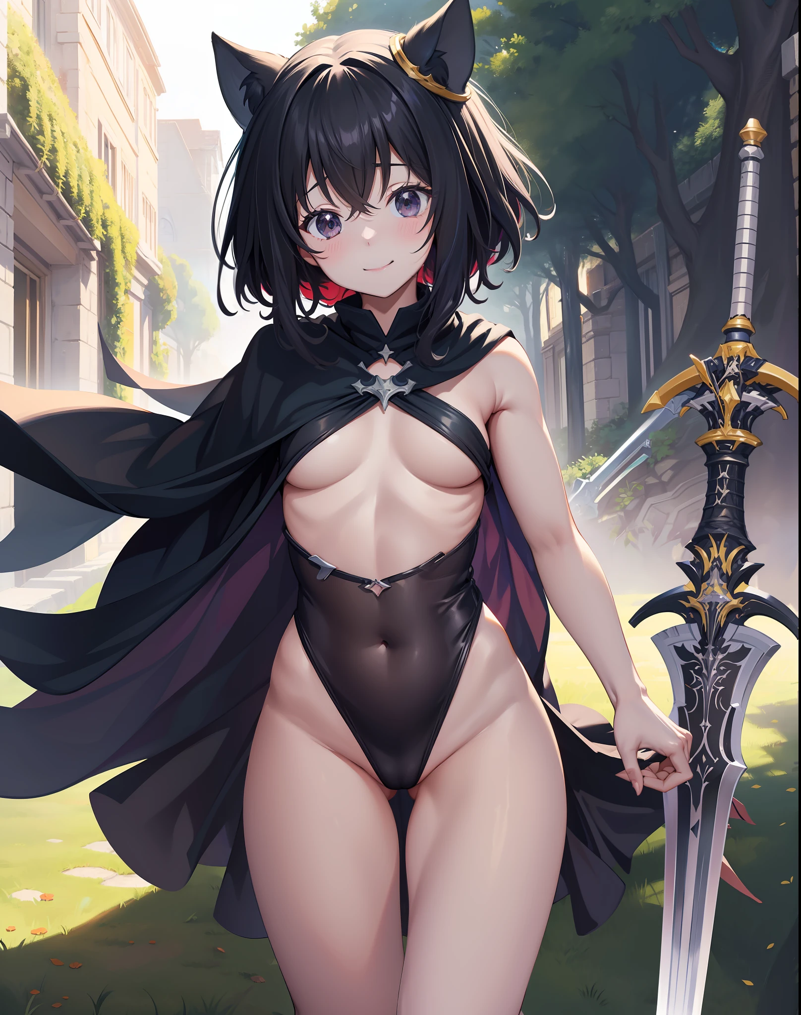 Fantasy, 1 _ Girl, (Loli)++, slender_child, cat_ears, Cape,Outdoor,Leotard, Shy, (bare_groin,bare_waist)++, hold_huge_sword_hilt, Solo, Thighs, covered_,apart_legs, smile, happy, black_hair, navel_naked,