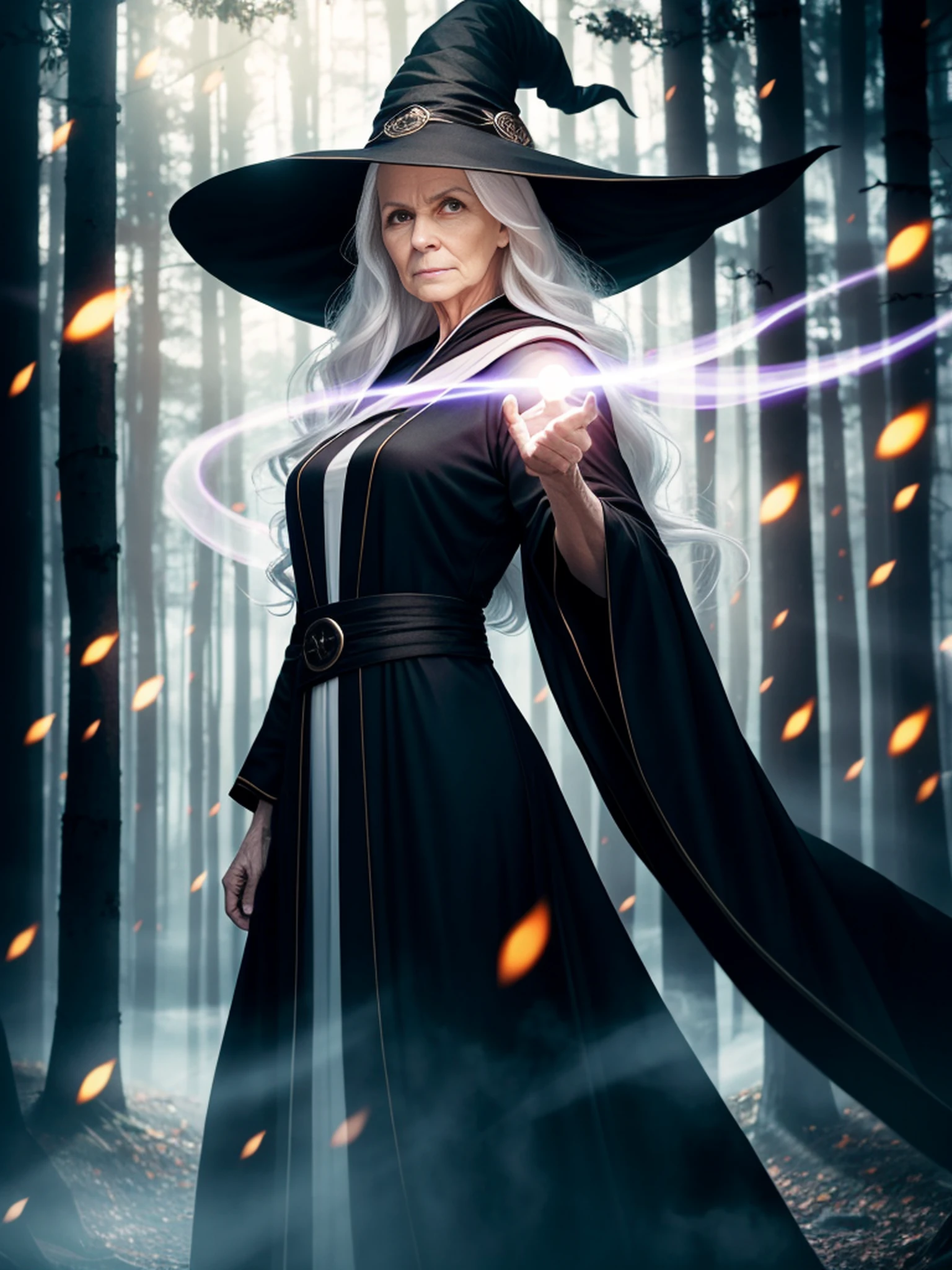 RAW photo, one person, skin invisible, full body photo of 60 year old woman, witch, Sensual beautiful woman with round cheeks, realistic facial expression, light red eyes, pale skin, wavy white hair, long hair, witch hat, white skin, slender body, wearing full body black robe with rich decoration, confident expression, (magic mysterious background, fireflies, glowing particles, ethereal fog, faint darkness), high saturation, film light, rim light, best shadows, pointing here, background is urban ruins, (very detailed skin: 1.2), 8k UHD, DSLR, soft lighting, high quality, film particles, fujifilm XT3