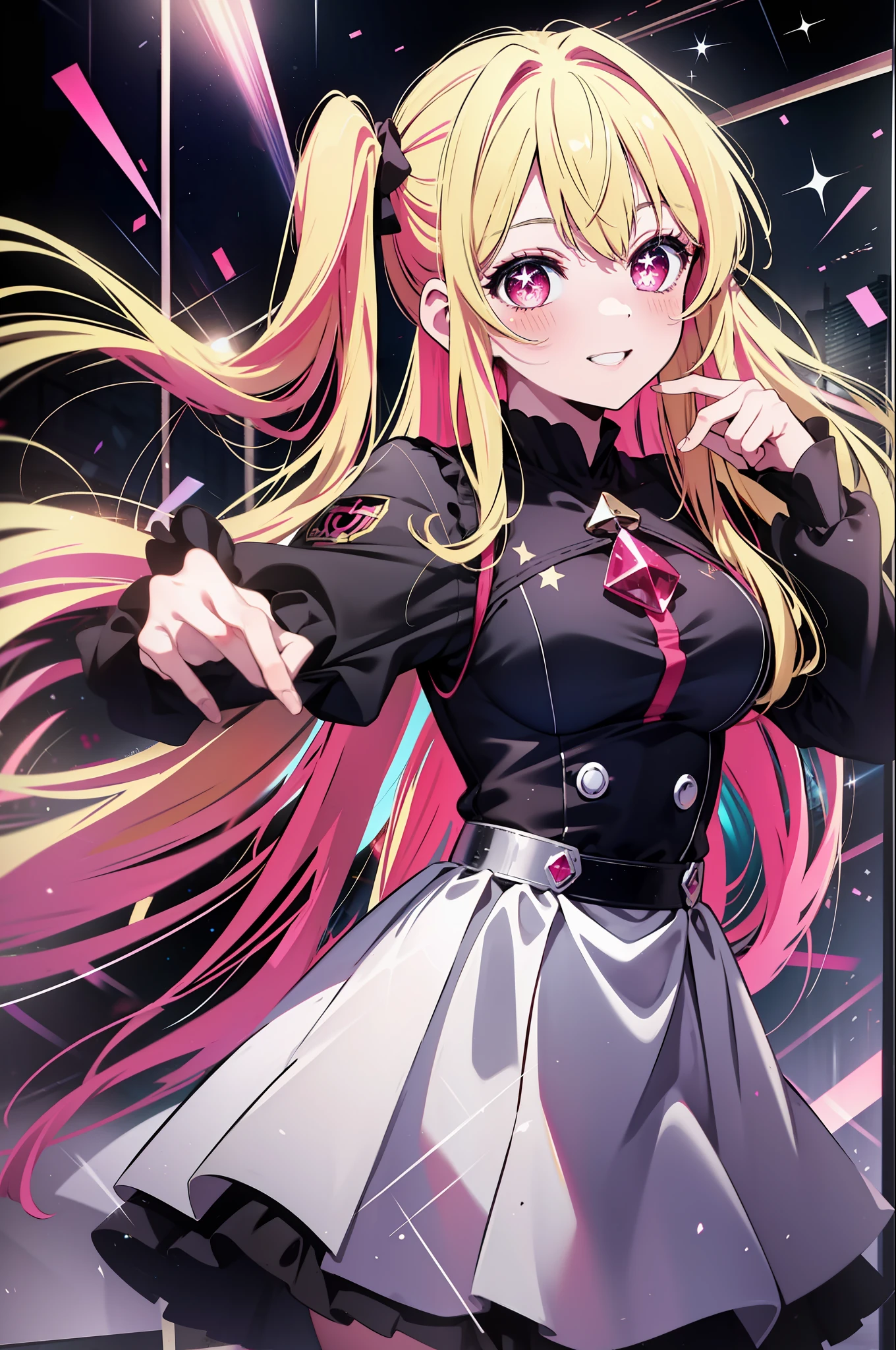 1girl, solo, Hoshino Ruby, symbol-shaped pupils, (left star-shaped pupils:1.2), sparkling eyes, (star in left eye:1.2), symbol in eye, red eyes, long hair, blonde hair, bangs, blush, (side ponytail:1.1), (dress:1.2), on the stage, idol, dancing, spotlight, smile, (masterpiece:1.2), highres, best quality, 8k, very clear,
