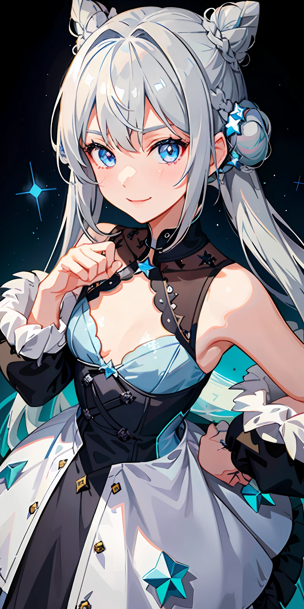 1girl, bright, gray hair, gray hair gradient blue hair, blue hair mesh, bun, dark blue eyes, star motif, multicolored hair, saleme, side lights, light particles, wallpaper, flat chest, idol, idol costume, loose, fluffy, smile, gentle, clear,