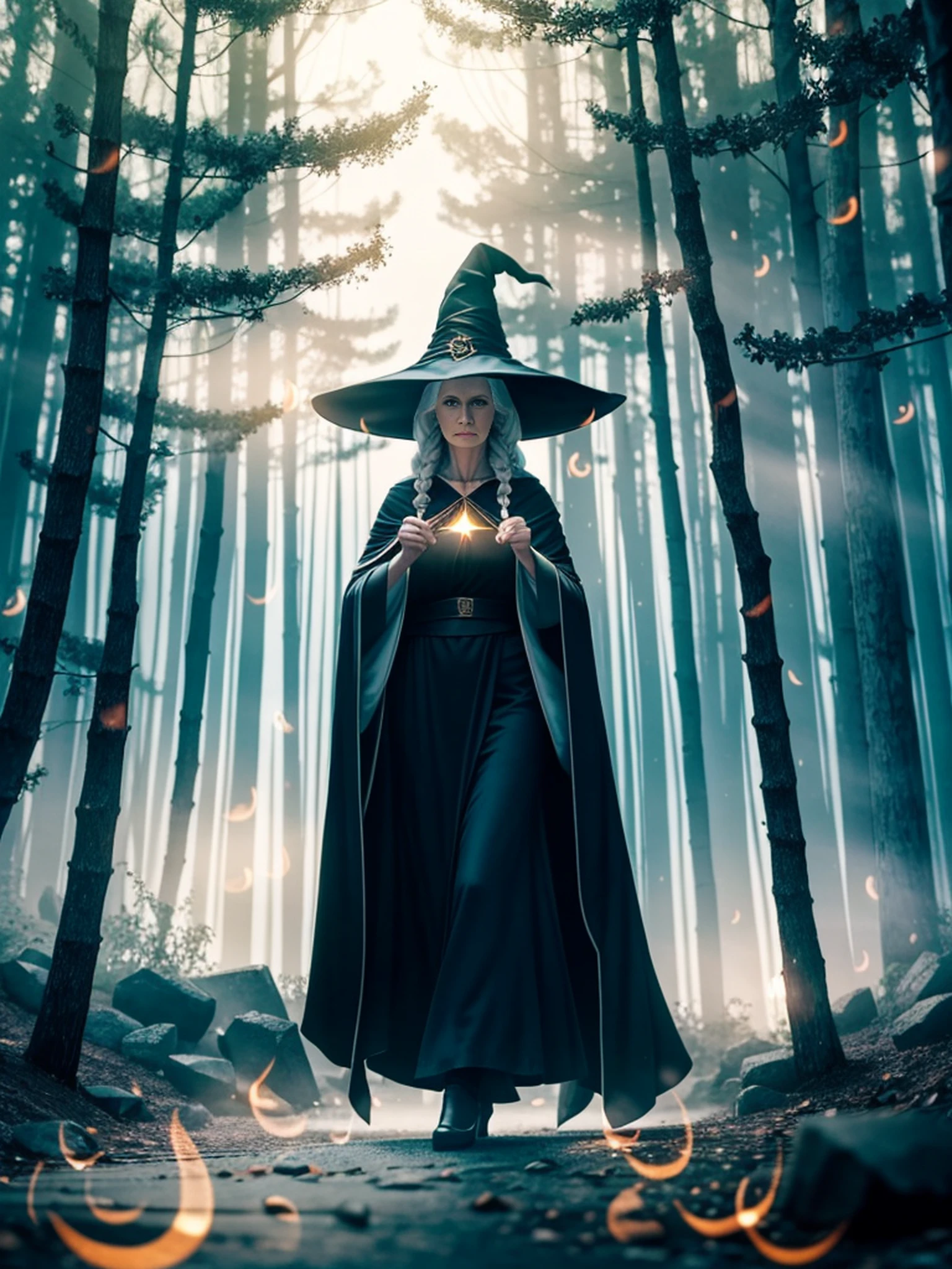 RAW photo, one person, skin invisible, full body photo of 60 year old woman, witch, Sensual beautiful woman with round cheeks, realistic facial expression, light red eyes, pale skin, wavy white hair, long hair, witch hat, white skin, slender body, wearing full body black robe with rich decoration, confident expression, (magic mysterious background, fireflies, glowing particles, ethereal fog, faint darkness), high saturation, film light, rim light, best shadows, pointing here, background is urban ruins, (very detailed skin: 1.2), 8k UHD, DSLR, soft lighting, high quality, film particles, fujifilm XT3