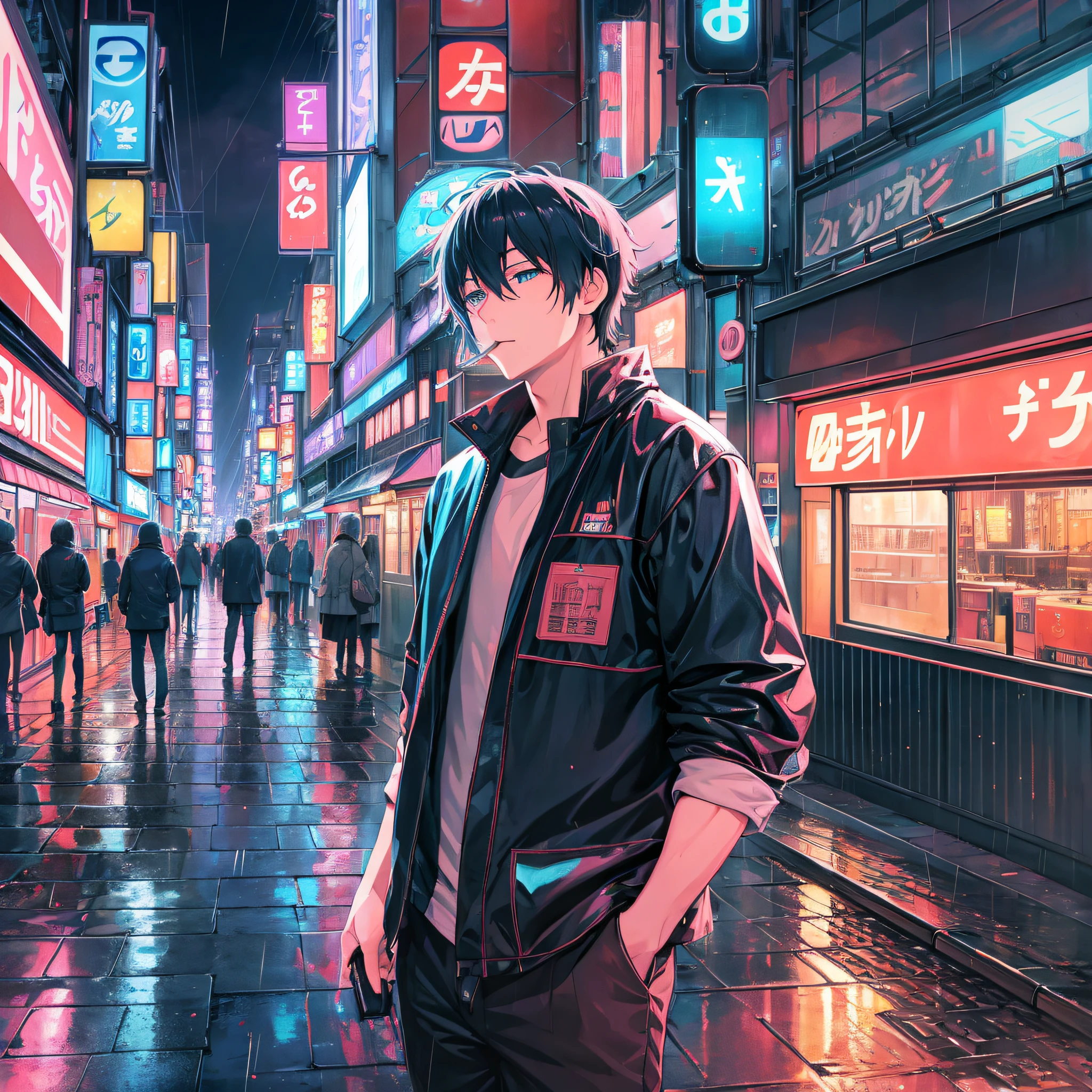 anime, tokyo, rainy, city lights, neon lights, man smoking on rooftop, night stars, trains, high definition, hyperrealistic, 8k, --auto --s2