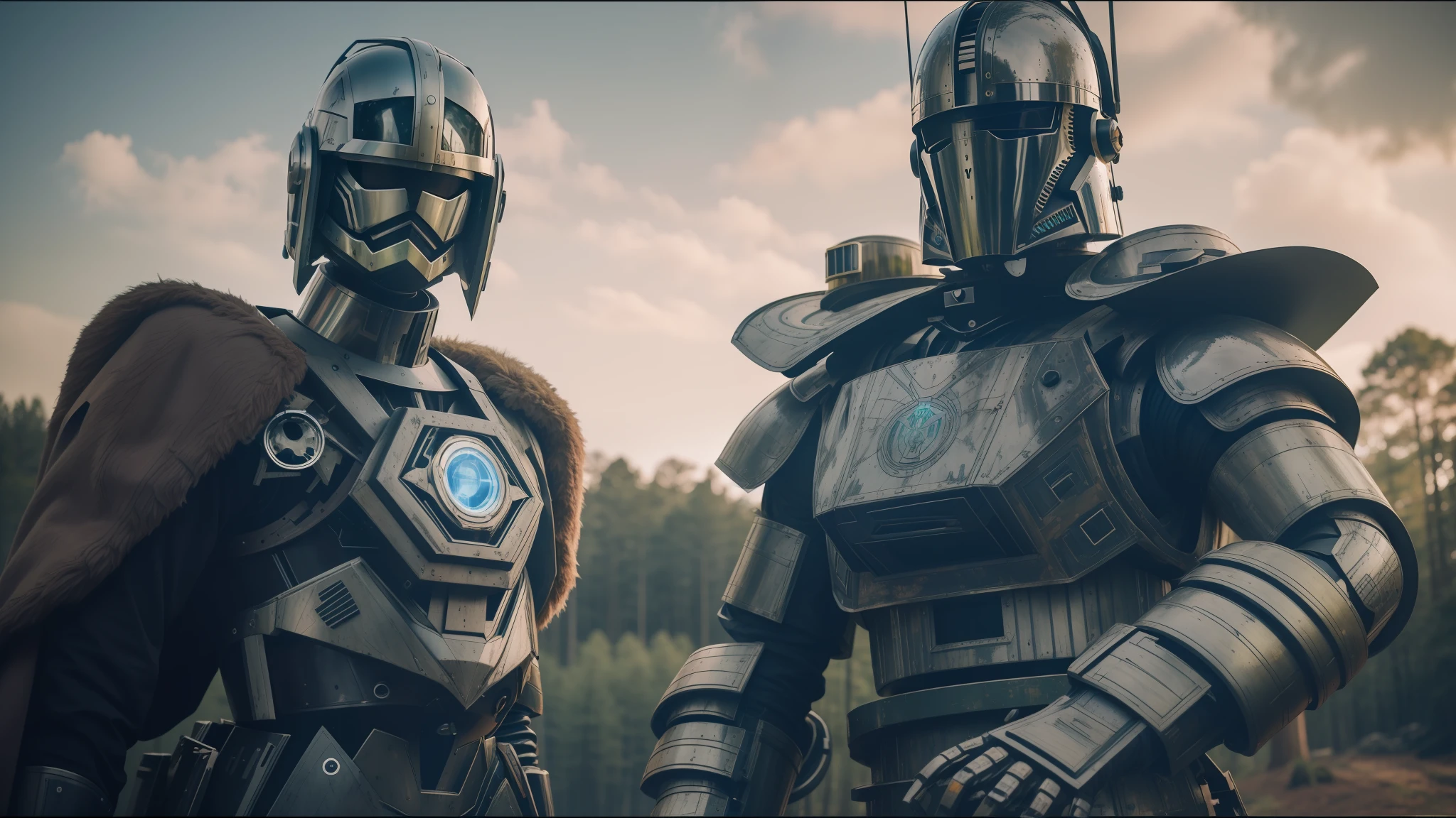 several people in armor standing in a forest with trees, humanoid robot from ex machina, color grading, [ metal ], metabaron, die antwoord style wear, pale blue faces, ariana grande in star wars, brass woman, oilpunk, guards, codex