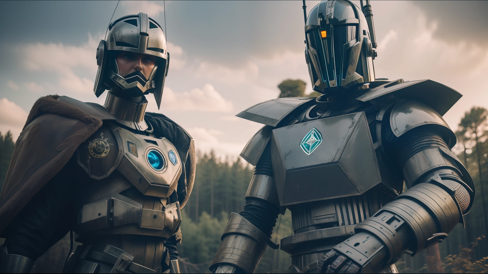 several people in armor standing in a forest with trees, humanoid robot from ex machina, color grading, [ metal ], metabaron, die antwoord style wear, pale blue faces, ariana grande in star wars, brass woman, oilpunk, guards, codex