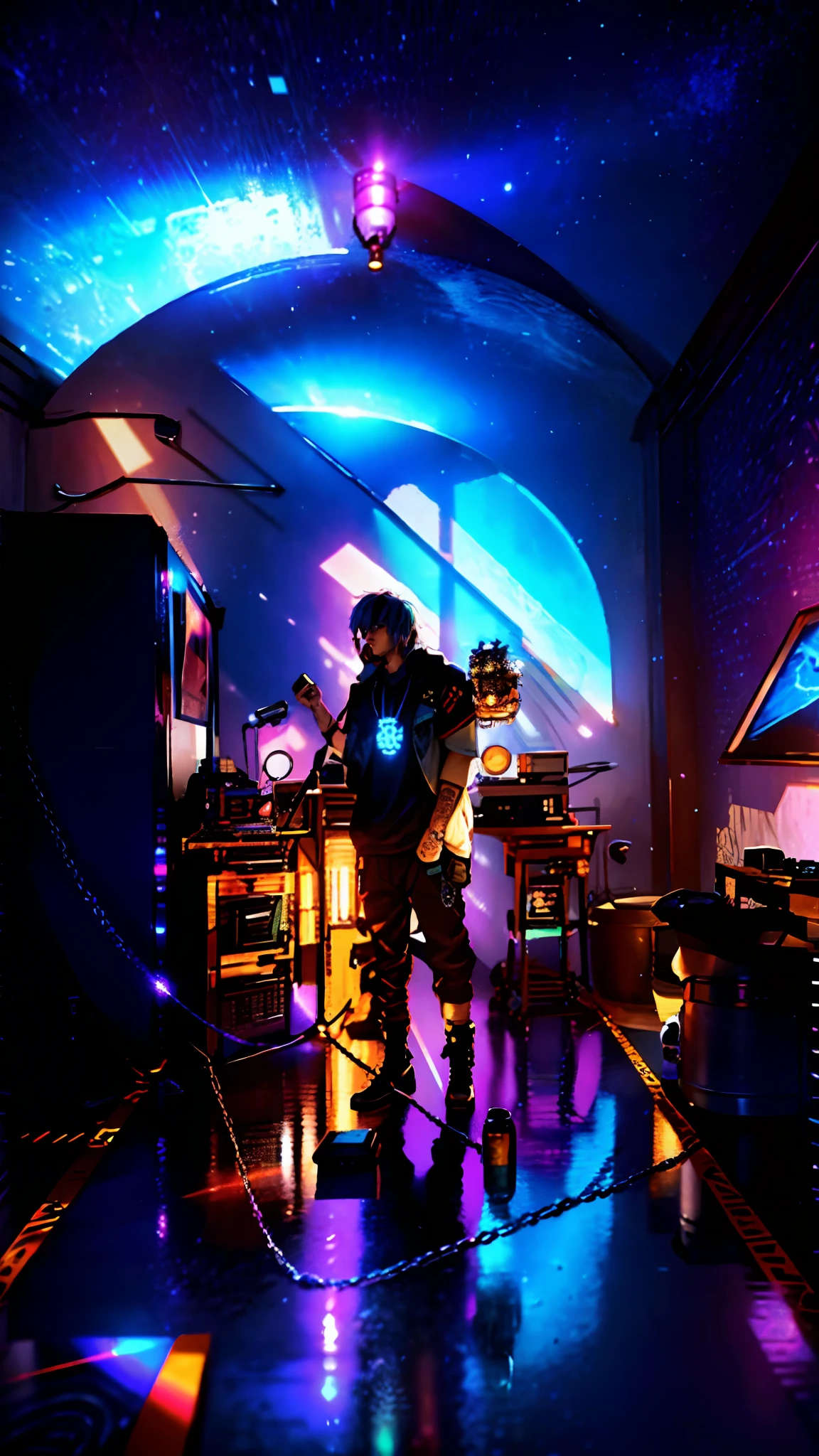 there is a man standing in front of a microphone in a room, in his basement studio, rapping into microphone, performing, saturation 40, sicko, photograph taken in 2 0 2 0, chillhop, in a studio, taken in 2 0 2 0, taken on a 2010s camera, nostalgic vibes, studio lit, dimly lit, blue eyes, badass anime, portrait, global illumination, shadows, octane render, 8k, ultra sharp, metal, intricate, ornaments detailed, perfectly drawn, perfect proportions, cold colors, lil peep, lil pump, xxxtentacion, justin bieber, marshal maters, highly intricate details, realistic light, trending on cgsociety, glowing eyes, facing camera, sicko, trending, ashy, photo from a promo shoot, end of an era, official artwork, promo image, dark walls, steampunk, punk, trapstar, album cover, white man, blue eyes, chains, rings, holding a microphone, lil peep, masked, shinobi, alternate album cover, album cover!, xxxtentacion, album art cover, album art, new album cover, yung lean, music album cover, album cover, rap album cover, colored album art, hardops, arca album cover, an album cover, album artwork, sicko, trending, anime artsyle, dark, darkness, shadows, perfect proportions, beautiful eyes, beautiful face, amazing, masterpiece, high resolution, 8k, 3d, shadows, lights, purple shades, perfectly drawn, low light room, in his basement studio, in a darkly lit laboratory room, in a dark studio room, standing in a dimly lit room, studio 4°c, studio lit, in a studio, psychedelic lighting, on stage, studio, studio ghibili, on a stage