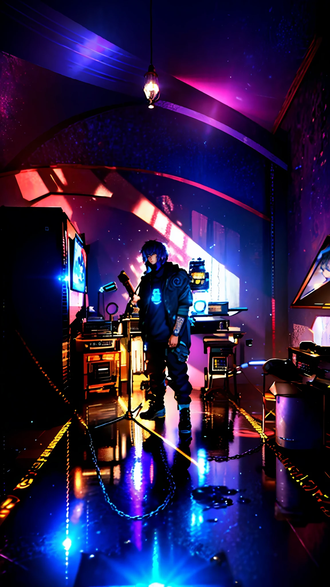 there is a man standing in front of a microphone in a room, in his basement studio, rapping into microphone, performing, saturation 40, sicko, photograph taken in 2 0 2 0, chillhop, in a studio, taken in 2 0 2 0, taken on a 2010s camera, nostalgic vibes, studio lit, dimly lit, blue eyes, badass anime, portrait, global illumination, shadows, octane render, 8k, ultra sharp, metal, intricate, ornaments detailed, perfectly drawn, perfect proportions, cold colors, lil peep, lil pump, xxxtentacion, justin bieber, marshal maters, highly intricate details, realistic light, trending on cgsociety, glowing eyes, facing camera, sicko, trending, ashy, photo from a promo shoot, end of an era, official artwork, promo image, dark walls, steampunk, punk, trapstar, album cover, white man, blue eyes, chains, rings, holding a microphone, lil peep, masked, shinobi, alternate album cover, album cover!, xxxtentacion, album art cover, album art, new album cover, yung lean, music album cover, album cover, rap album cover, colored album art, hardops, arca album cover, an album cover, album artwork, sicko, trending, anime artsyle, dark, darkness, shadows, perfect proportions, beautiful eyes, beautiful face, amazing, masterpiece, high resolution, 8k, 3d, shadows, lights, purple shades, perfectly drawn, low light room, in his basement studio, in a darkly lit laboratory room, in a dark studio room, standing in a dimly lit room, studio 4°c, studio lit, in a studio, psychedelic lighting, on stage, studio, studio ghibili, on a stage