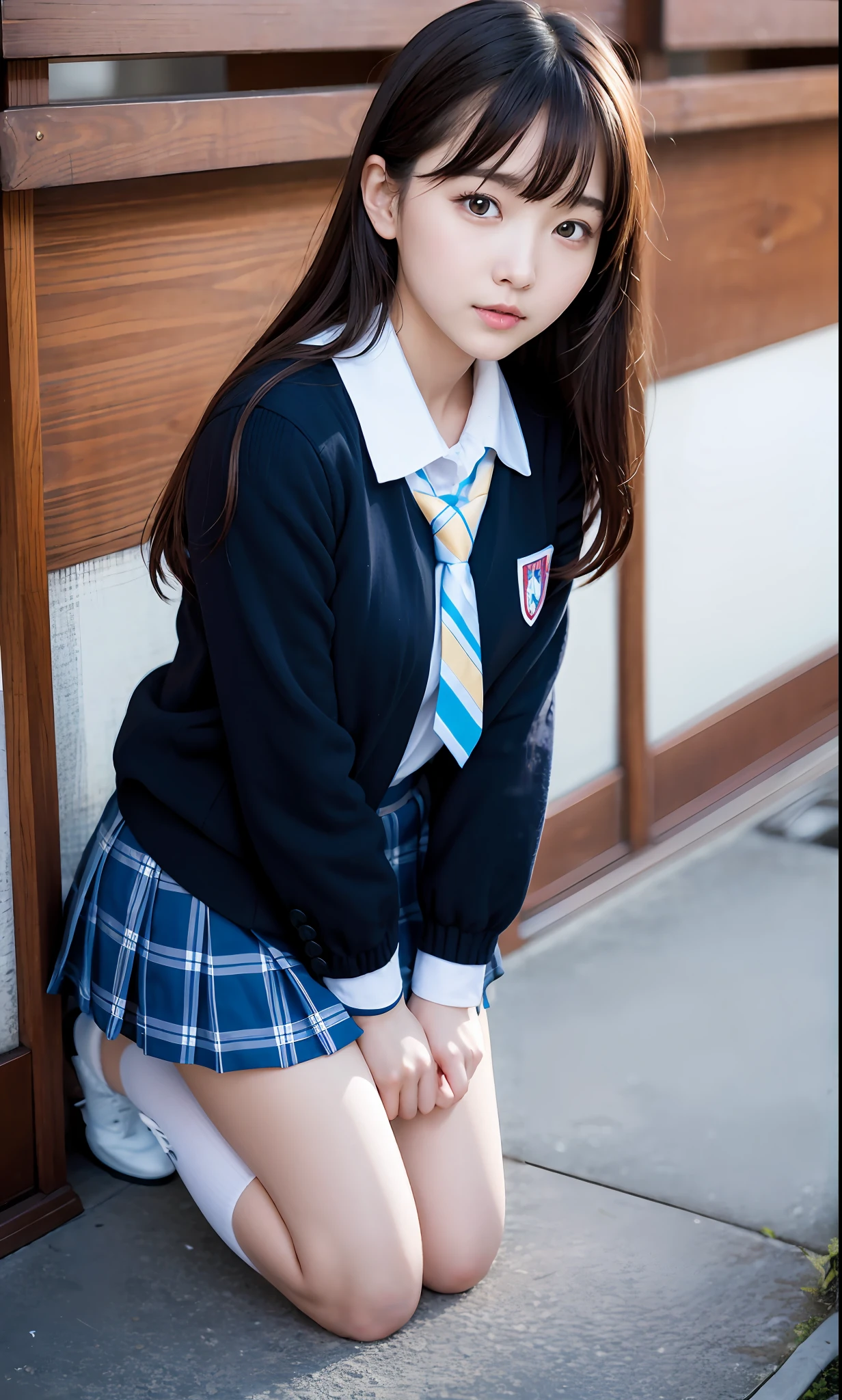 ulzzang-6500-v1.1, (Raw photo:1.2), (Photorealistic:1.4), Beautiful detailed girl, Very detailed eyes and face, Beautiful detailed eyes, Ridiculous, Incredibly ridiculous, Huge file size, Ultra detailed, High Definition, Very detailed, Best quality, Masterpiece, Kemomimi, ((Japan Girls' High School Uniform)), Illustration, Very detailed, CG, Unification, 8k wallpaper, fantastic, fine detail, masterpiece, best quality, highly detailed cg uniform 8k wallpaper, light on face, movie lighting,  girl, (dynamic pose))), (sitting legs bending at the knees)), cute, short skirt, cute schoolgirl, Japan schoolgirl wearing uniform, surreal schoolgirl, empty-handed, 1 girl, holding a skirt, skirt flipping