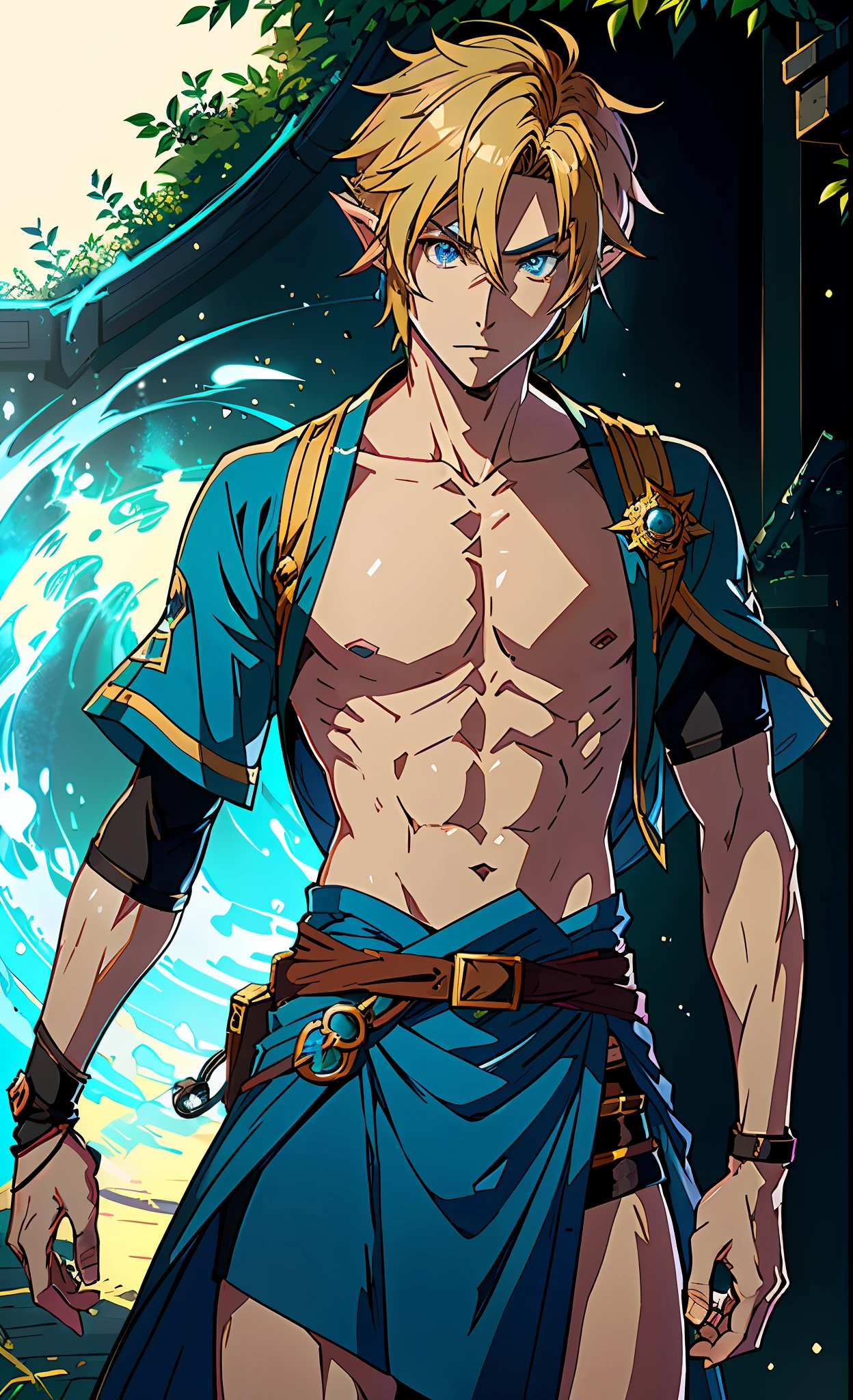 anime character with a sword and a blue shirt on, skinny male fantasy alchemist, male anime character, handsome guy in demon slayer art, muscular male hero, guilty gear strive splash art, skinny male mage, casimir art, handsome prince of persia, an epic anime of a energy man, thin young male alchemist, detailed anime character art, granblue fantasy