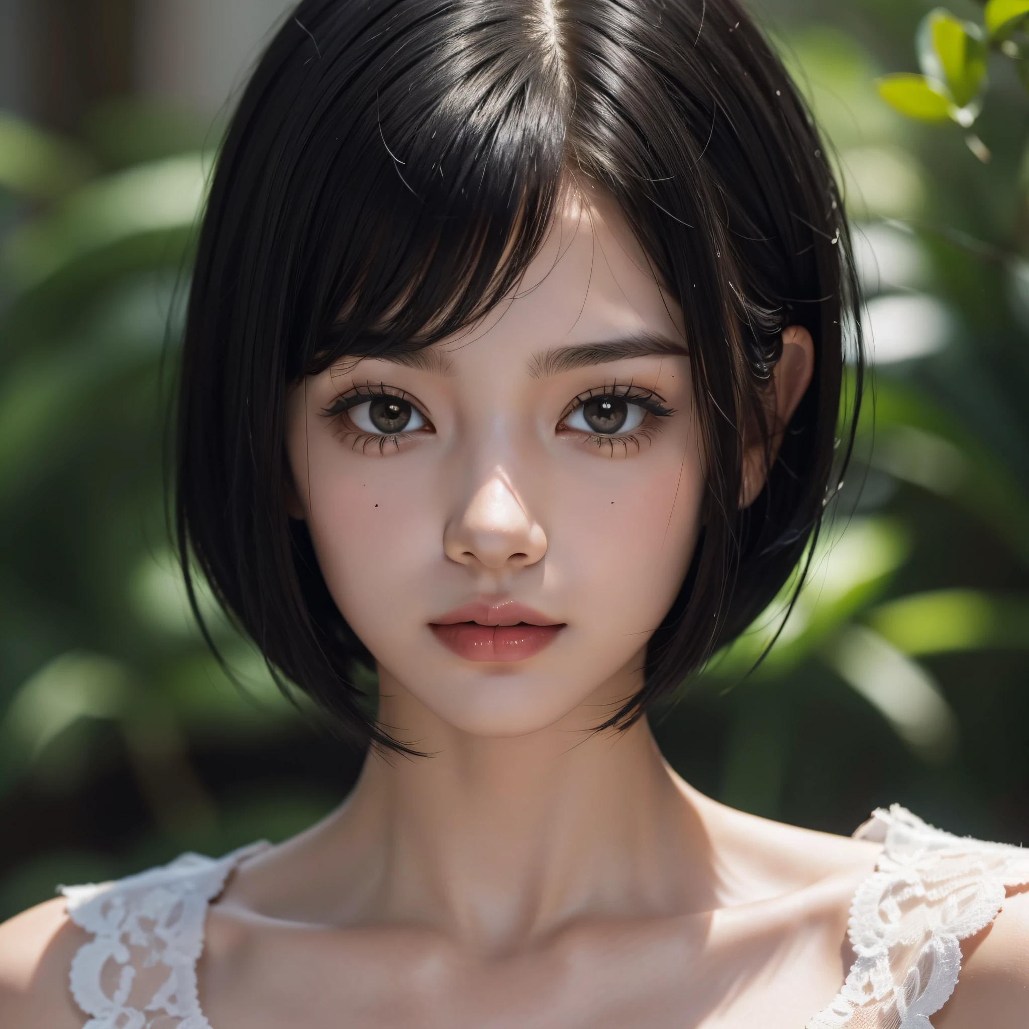 Close-up of a beautiful girl with black hair in a bob cut from the front Looking at the camera
