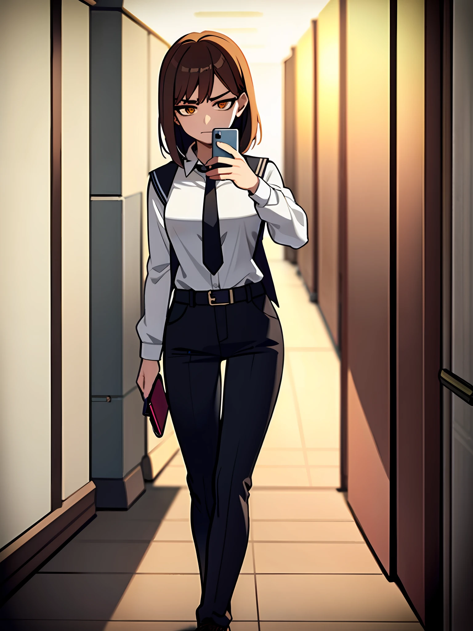((Dominant Emotion: Sadness, Submissive Emotion: None),(Brown Hair, Brown Eyes:0.8),(School Uniform:0.9, Casual Wear:0.1),(Half Length, Dynamic Pose:1.1),(School Background, Hallway:1.2),(Holding Phone:1.1),(Bittersweet Atmosphere, Natural Light:1.2),(Cinematic Feel, Depth of Field:0.9))