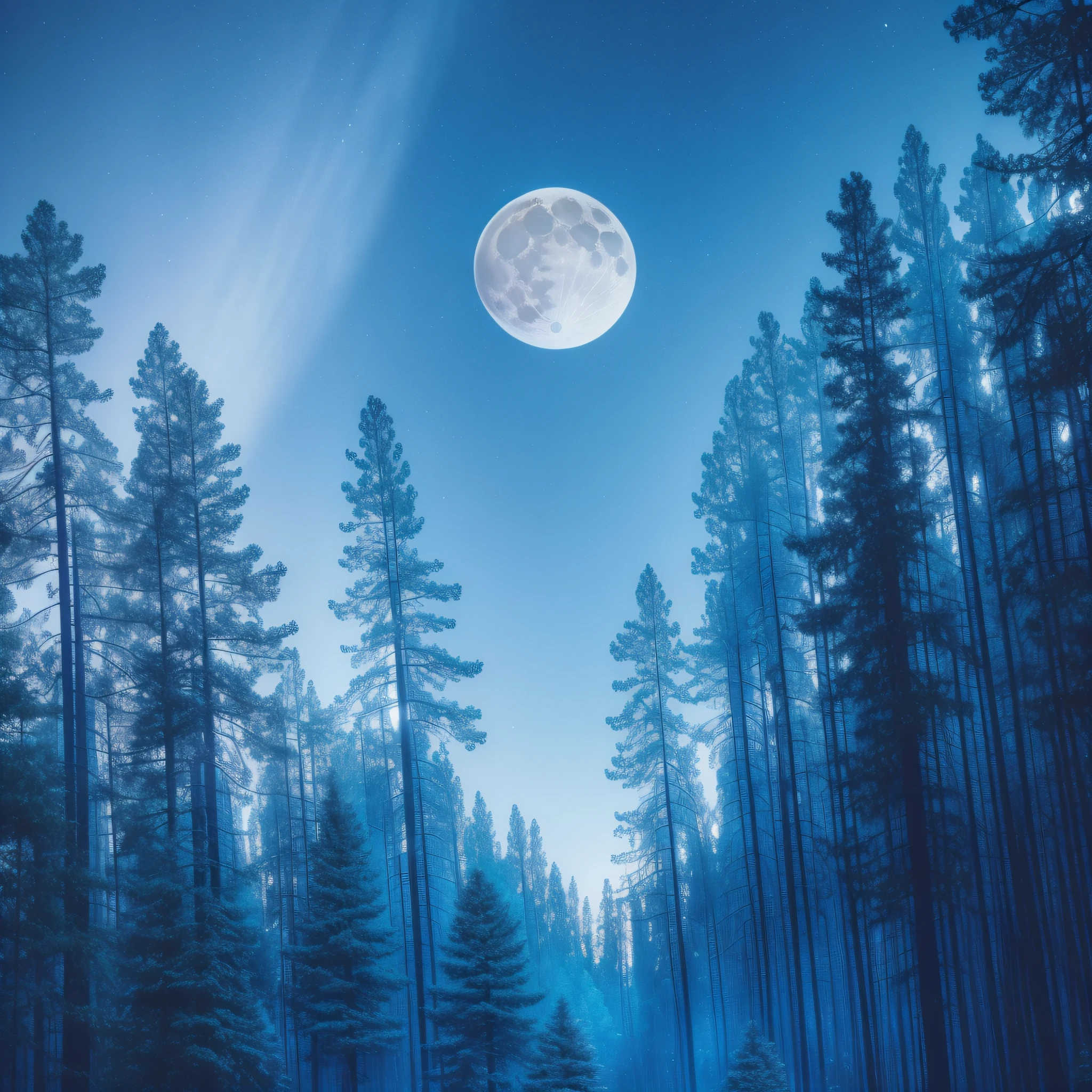 a Blue Forest with a large full moon in the sky, dynamic lighting, chiaroscuro, hyperrealism, luminism, HD, very detailed, 4k, 8k, shot on a Nikon Z7 II and Nikon NIKKOR Z 105mm f/2.8 VR S, best quality