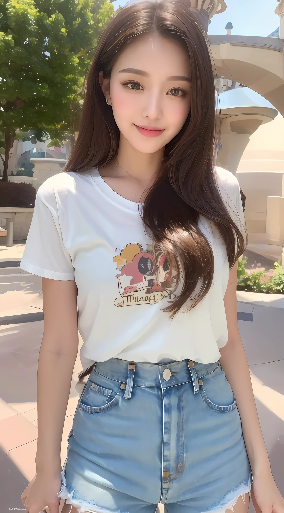 ((Top Quality, 8k, Masterpiece: 1.3)), 1 Girl, Smile, Full Body, Slim Face, Pretty Women, (Dark Brown Hair), White T-Shirt, Denim Shorts: 1.1, Ultra Detailed Face, Detailed Eyes, Double Eyelids, Blurred Background, Slim Face, Cute, T-Shirt, Disneyland, Peace Sign