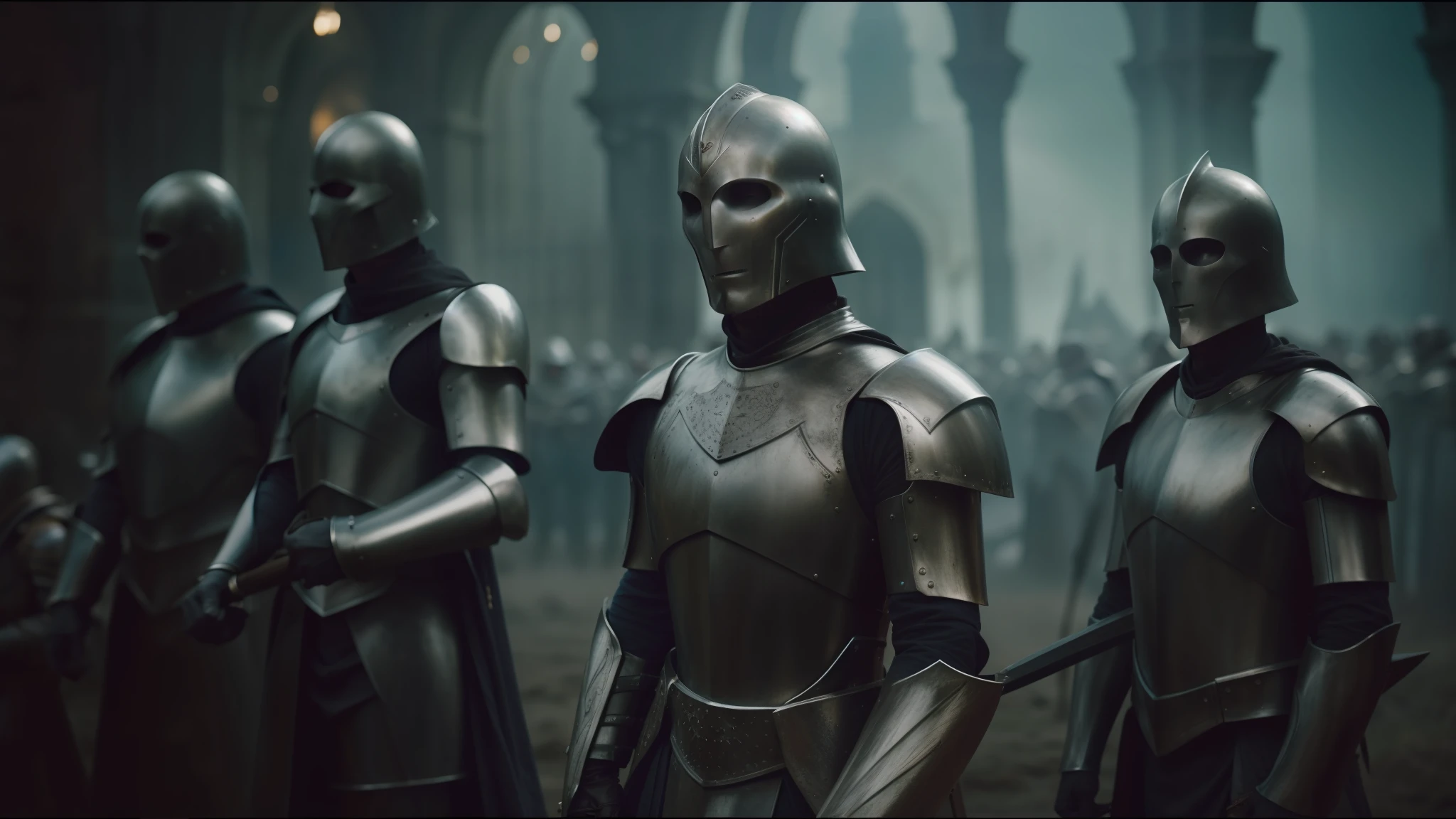 a close up of a group of people wearing armor and helmets, film still of voldemort, lecouffe deharme, pilgrimage, giant crowd, silver insignia, morningstar, full faces, member of the endless