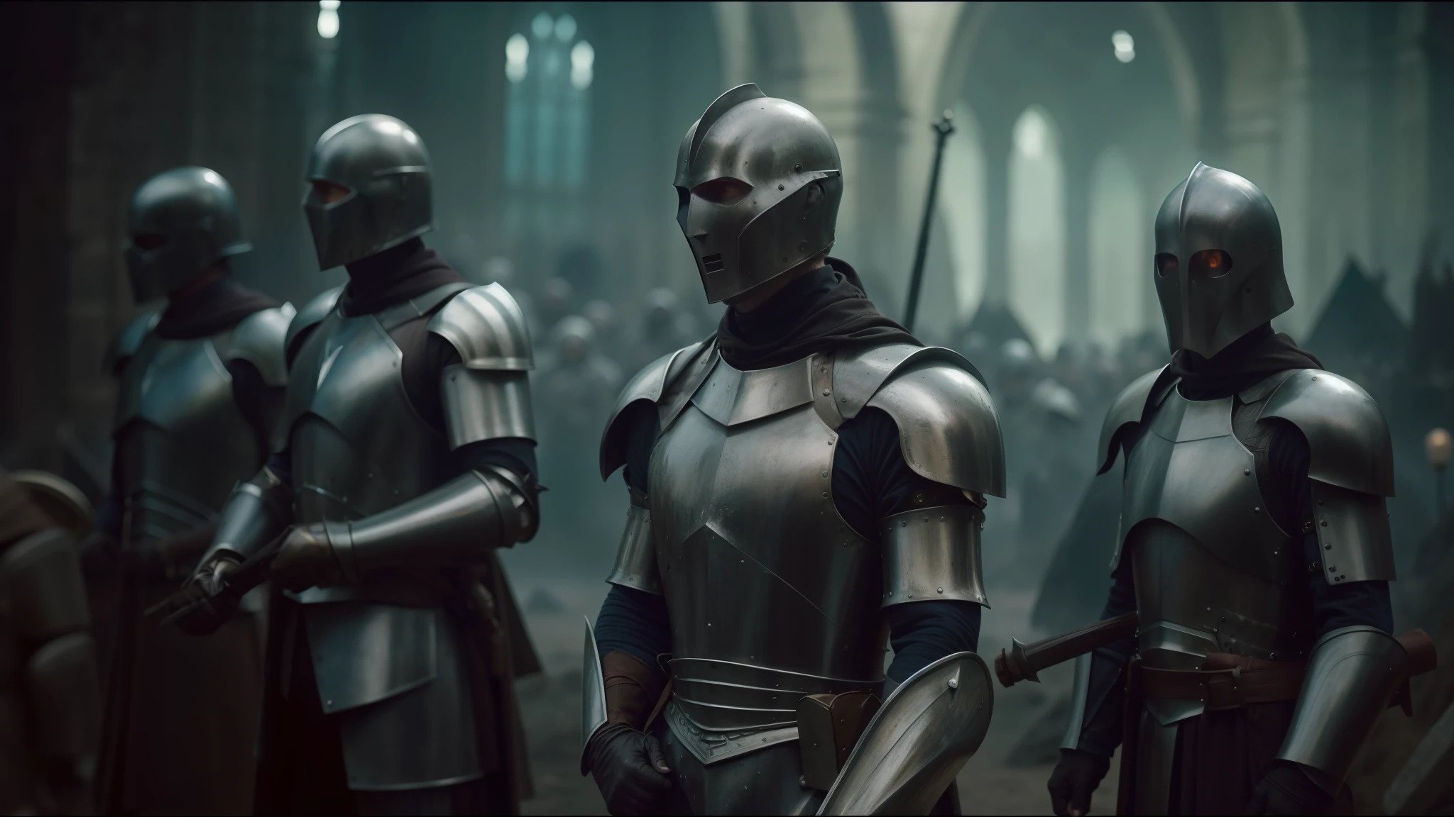 a close up of a group of people wearing armor and helmets, film still of voldemort, lecouffe deharme, pilgrimage, giant crowd, silver insignia, morningstar, full faces, member of the endless