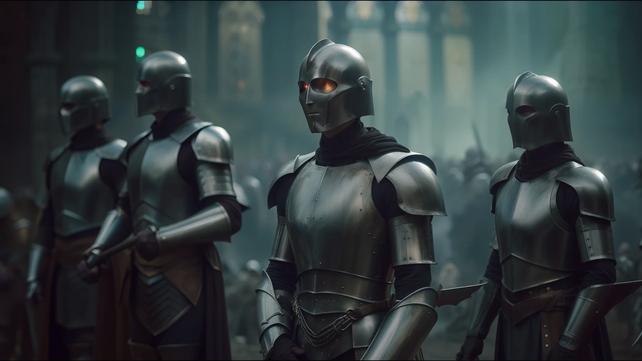 a close up of a group of people wearing armor and helmets, film still of voldemort, lecouffe deharme, pilgrimage, giant crowd, silver insignia, morningstar, full faces, member of the endless