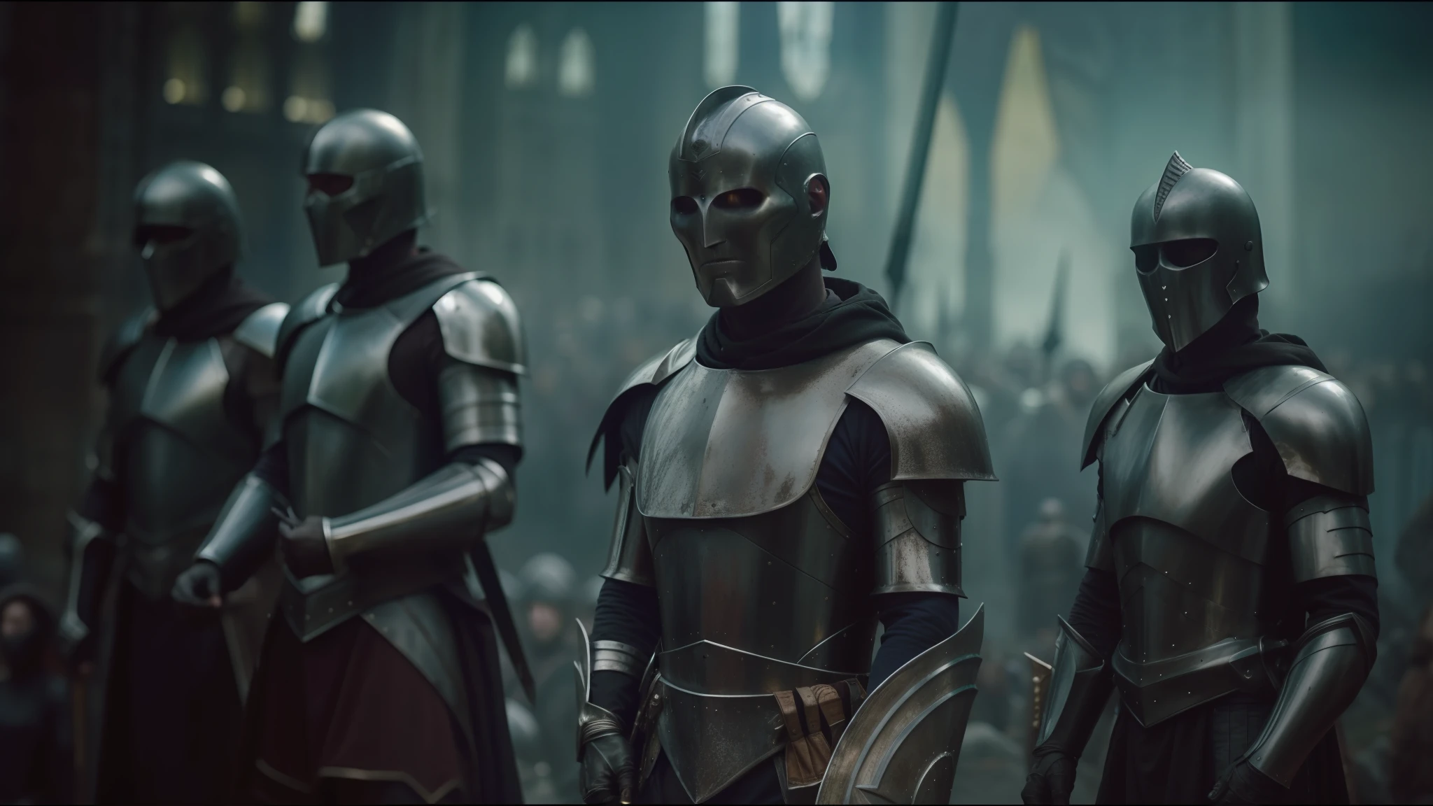 a close up of a group of people wearing armor and helmets, film still of voldemort, lecouffe deharme, pilgrimage, giant crowd, silver insignia, morningstar, full faces, member of the endless