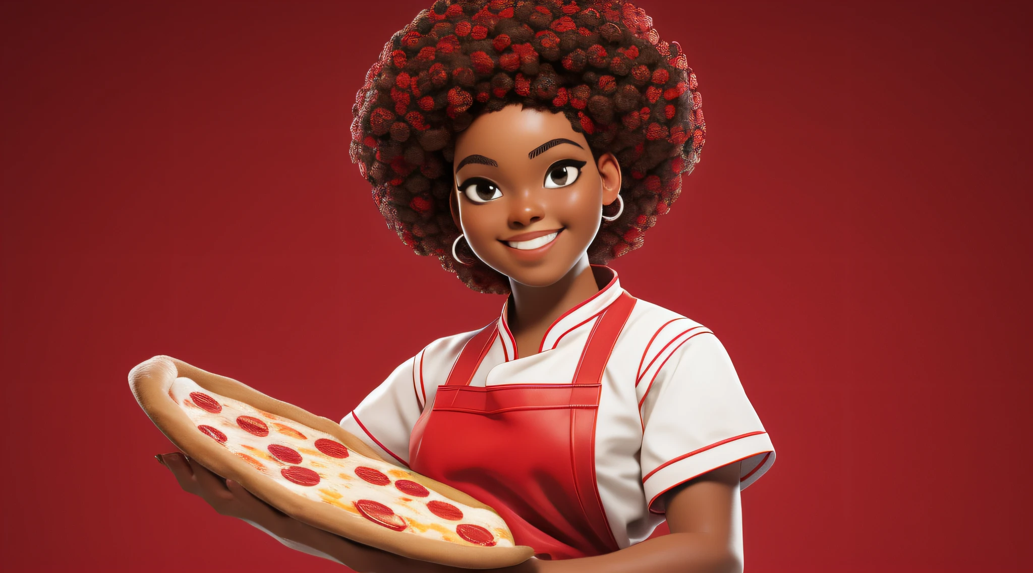 Afro Brazilian girl with touch Blanche smiling baking pizza with chef's outfit Infinite red background Blurred cinematic
Waiting to get started