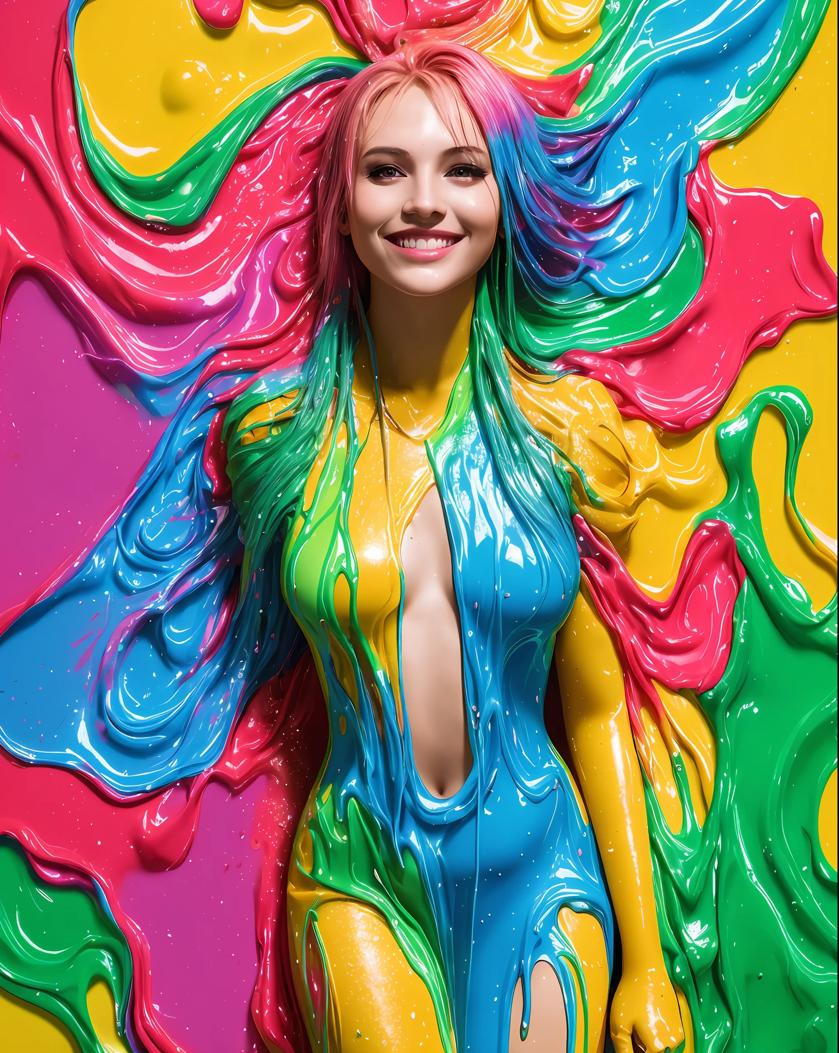 sexy woman photo completely covered in colored slime, high quality photography, bokeh, gobo light, edge light, volumetric light, depth of field,, kodachrome, light smile, foreground bokeh,indoors