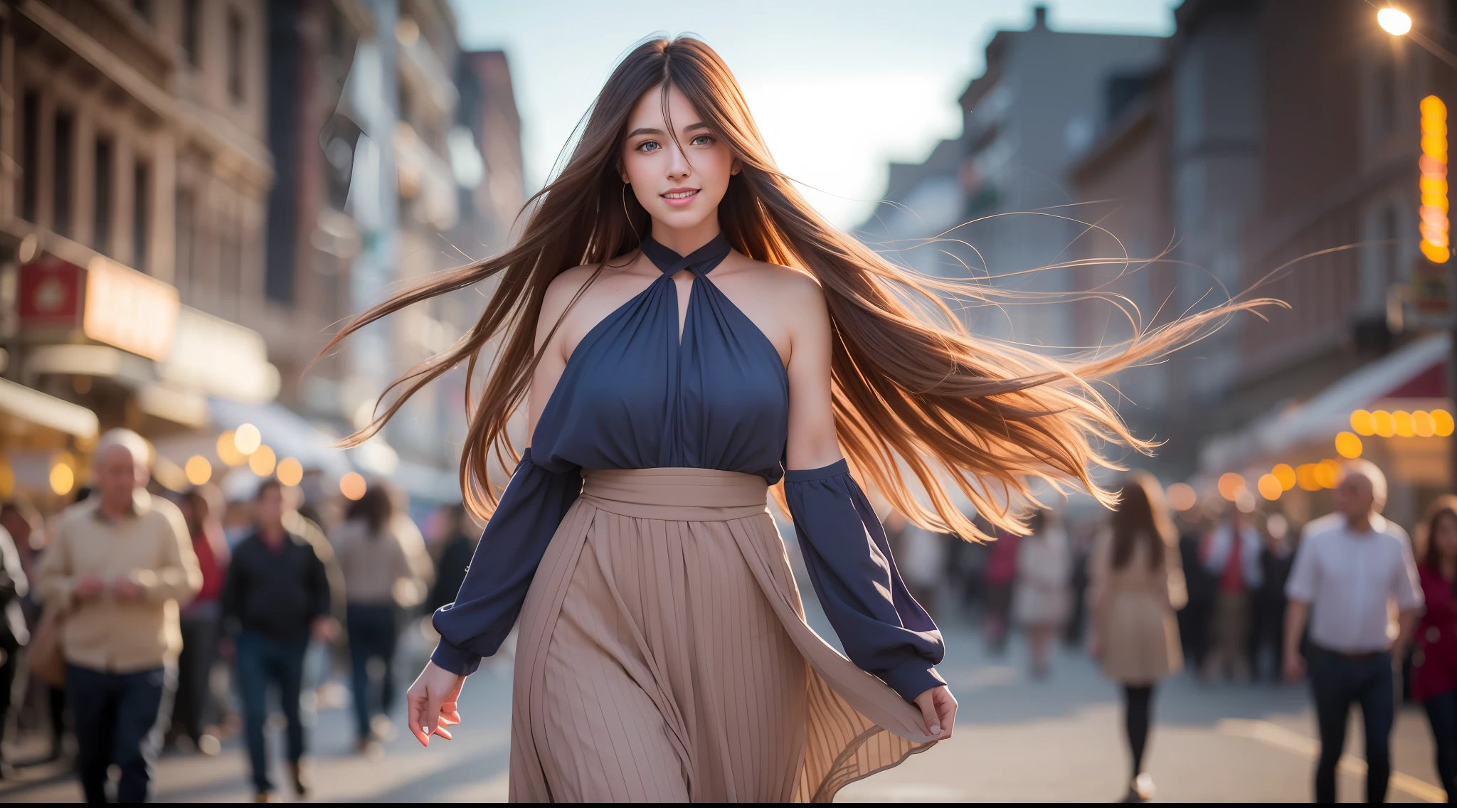 Young woman, long brown hair that falls gently in waves. Big, blue eyes, average height. elegant clothes with touches of creativity and originality, natural skin, clothing details, florianópolis, dawn, spring, crowd in the background, looking frontally, full body, smiling, happy, wide smile, showing teeth, 8k texture, highly detailed, realistic, soft cinematic light, HDR, focus sharp, masterpiece, photorealistic, award-winning photography, 50mm