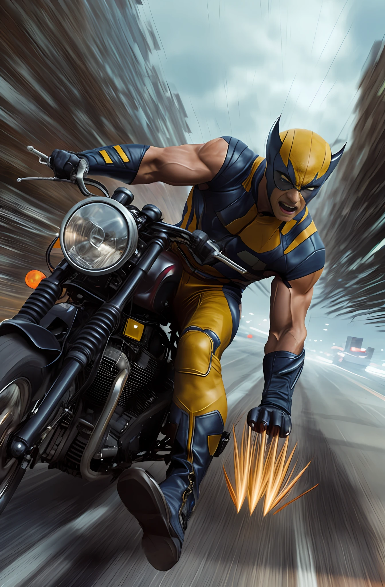 Wolverine, X-MEN, leather suit, atop a motorcycle, speeding.