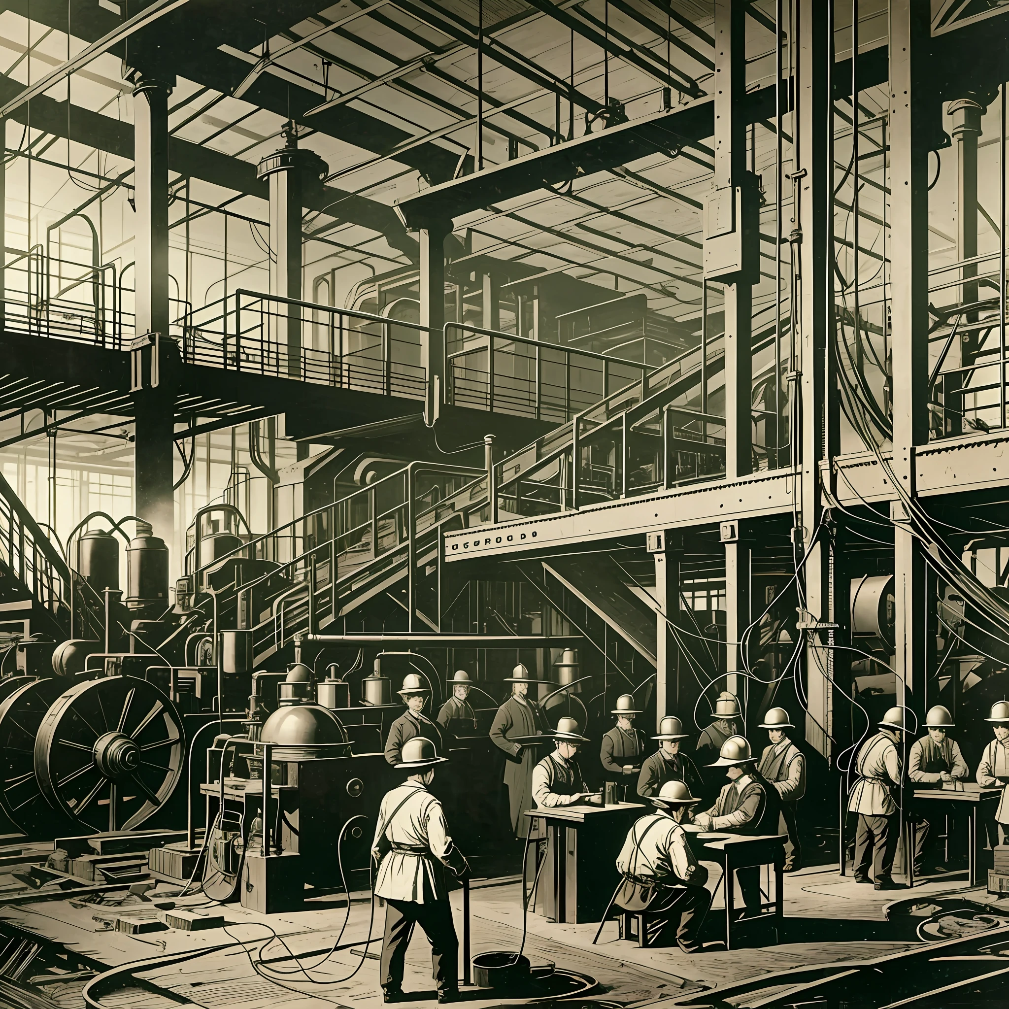 Industry of the 1870s, industrial revolution, big company, employees all around working, employees with shiny helmets, they are with wires connected between them, dark scene --auto --s2