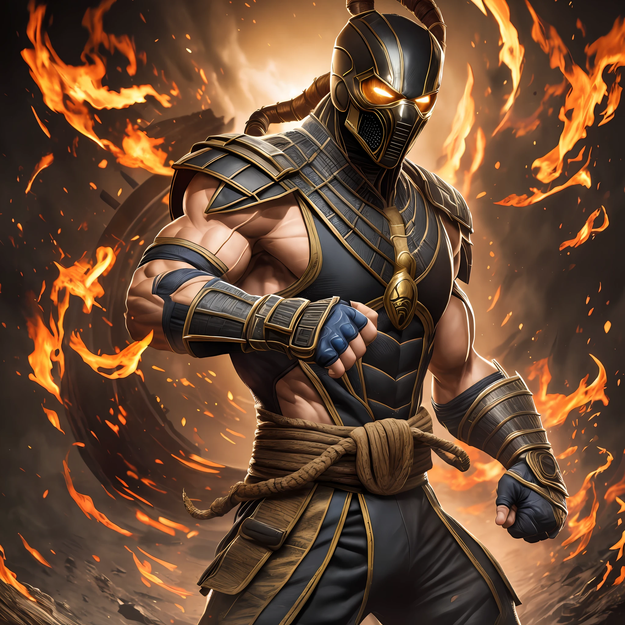 (8k, RAW photo, best quality, masterpiece: 1.2), ultra detailed, official art, photo-realistic: 1.37, upper body shot, mortal Kombat scorpion, film grain, action pose --auto --s2