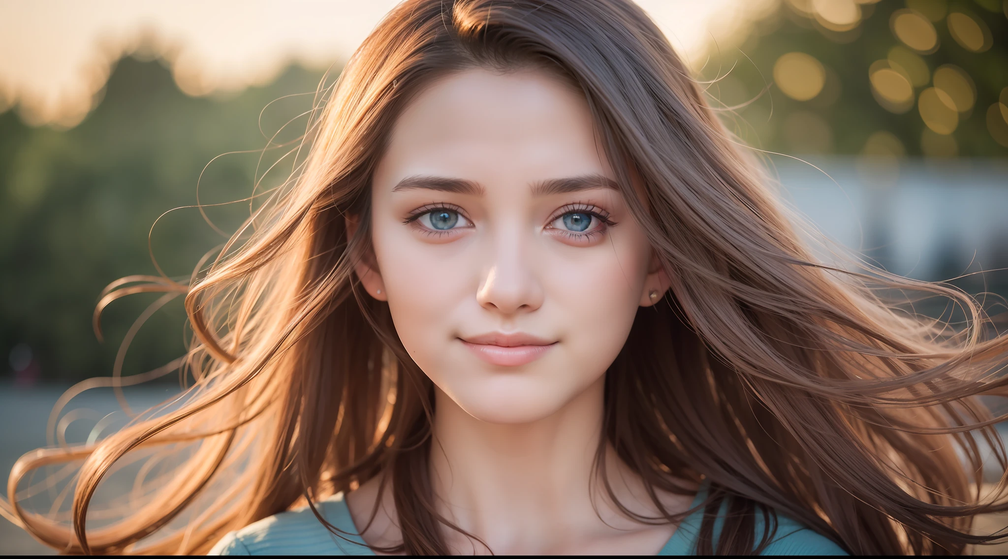 Young woman, long brown hair that falls gently in waves. Big, blue eyes, average height. elegant clothes with touches of creativity and originality, natural skin, clothing details, florianópolis, dawn, spring, crowd in the background, looking frontally, from the front, smiling, happy, wide smile, showing teeth, 8k texture, highly detailed, realistic, soft cinematic light, HDR, focus sharp, masterpiece, photorealistic, award-winning photography, 50mm