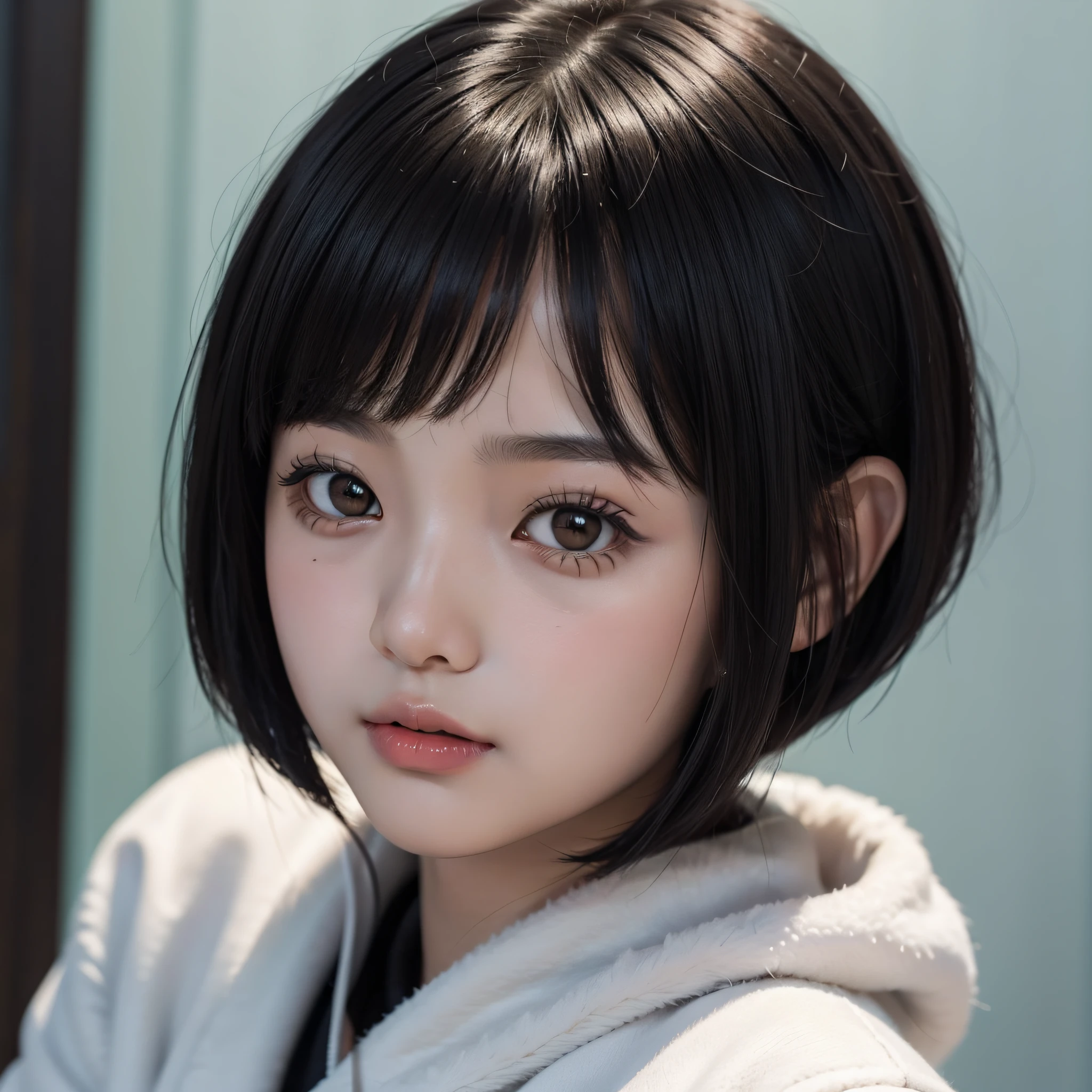 Korean beautiful girl with round face and bob cut black hair Small face with black eye color No accessories Close-up from the front