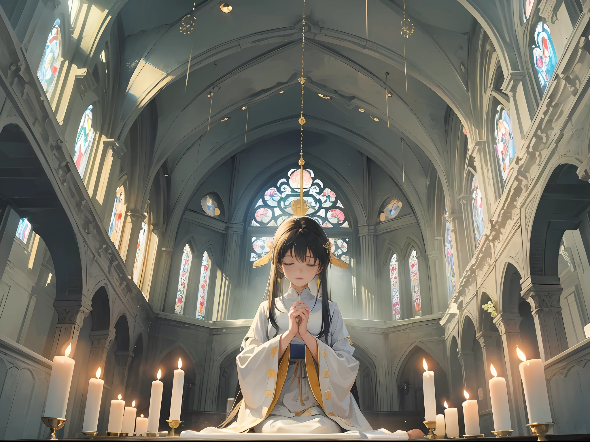 An evocative image capturing a person in a moment of heartfelt prayer and devotion. The scene is set in a serene and sacred space, such as a peaceful temple or a secluded natural setting. The individual is depicted in a humble posture, their eyes closed and hands clasped together in prayer. Their face reflects a sense of deep reverence and tranquility, immersed in a profound spiritual connection. Soft rays of sunlight or gentle candlelight illuminate the scene, casting a warm and ethereal glow. Symbolic elements, such as incense or floral offerings, can be present to enhance the atmosphere of devotion. The composition should evoke a sense of introspection and inner peace, inviting viewers to contemplate the power of prayer. The colors are harmonious and soothing, creating a serene ambiance. --auto --s2