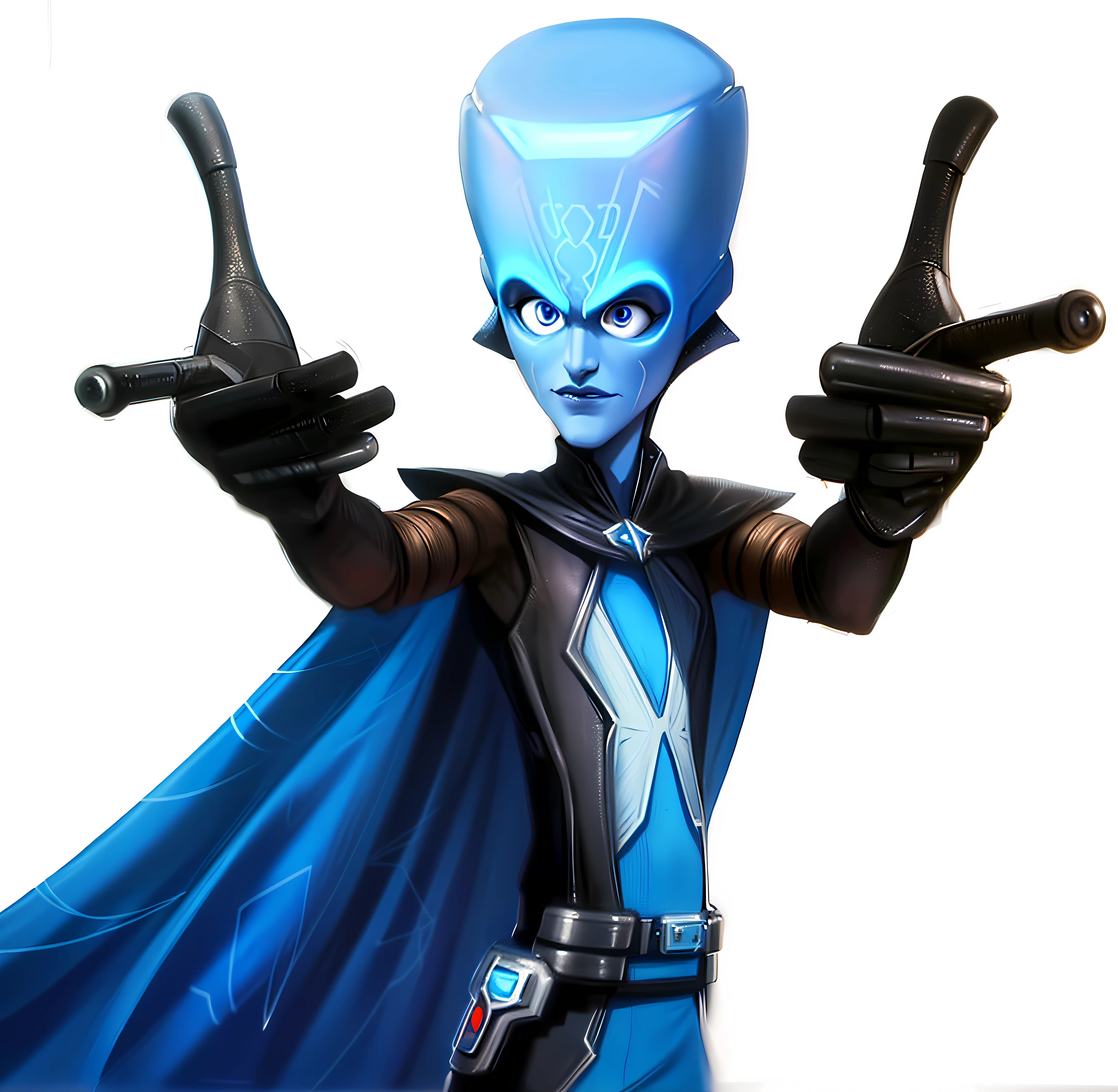 Character from the movie Megamind, A closeup of a blue alien with a cape, Nute Gunray, ideal Pixar character, villain pose, menacing, menacing pose!!!, Spider-Man as Electro, Anato Finnstark. Pixar, portrayed as a Pixar character, this character has cryokinesis, movie character, nefarious smile, James Cameron avatar style