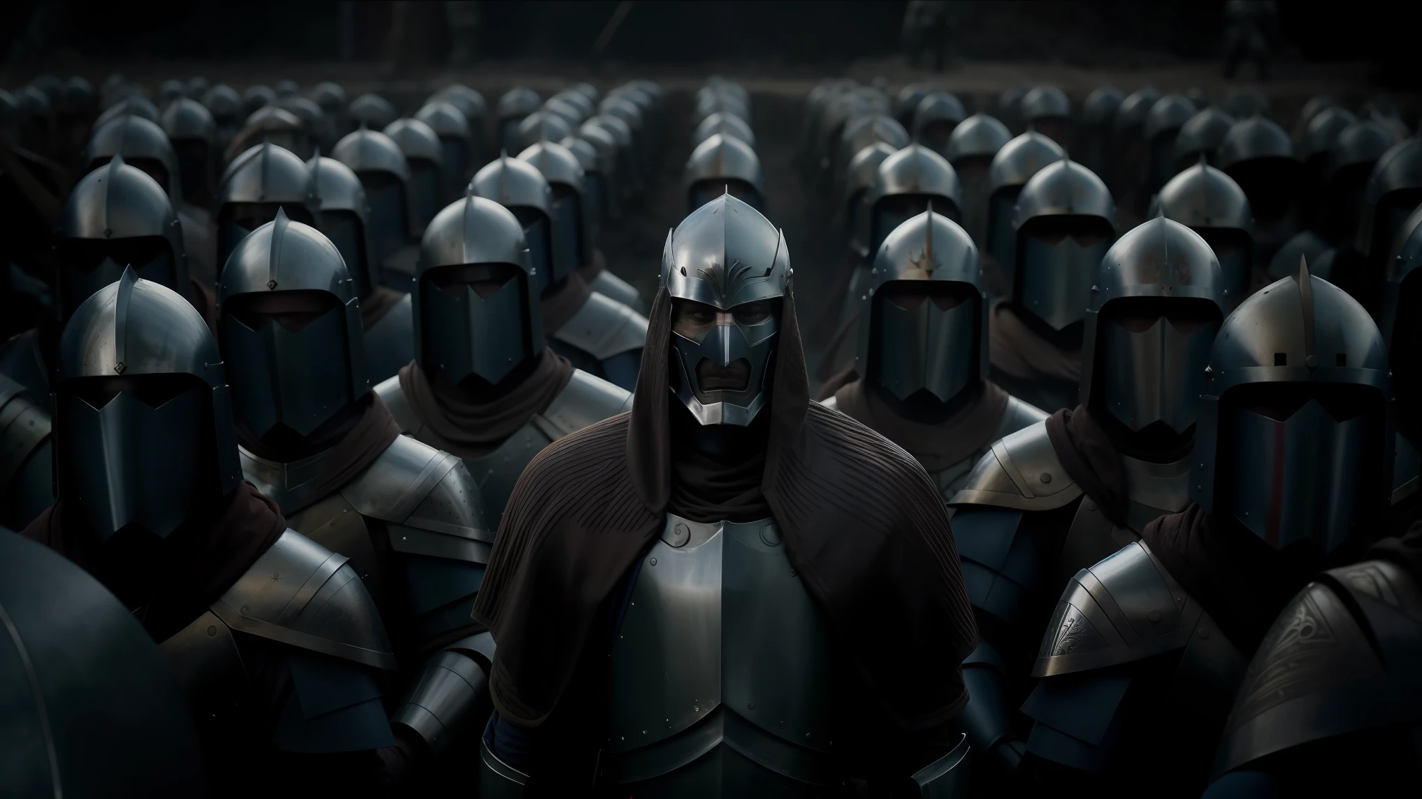 many men in armor, gradation of colors, film still of a tired, coffin, dark blue and red, armor covers the face, the ground is dark and cracked, siege, armor focuses on the face, Television screenshot, intricate chrome, Suki, asterix, by Marcin Zaleski, monarchy