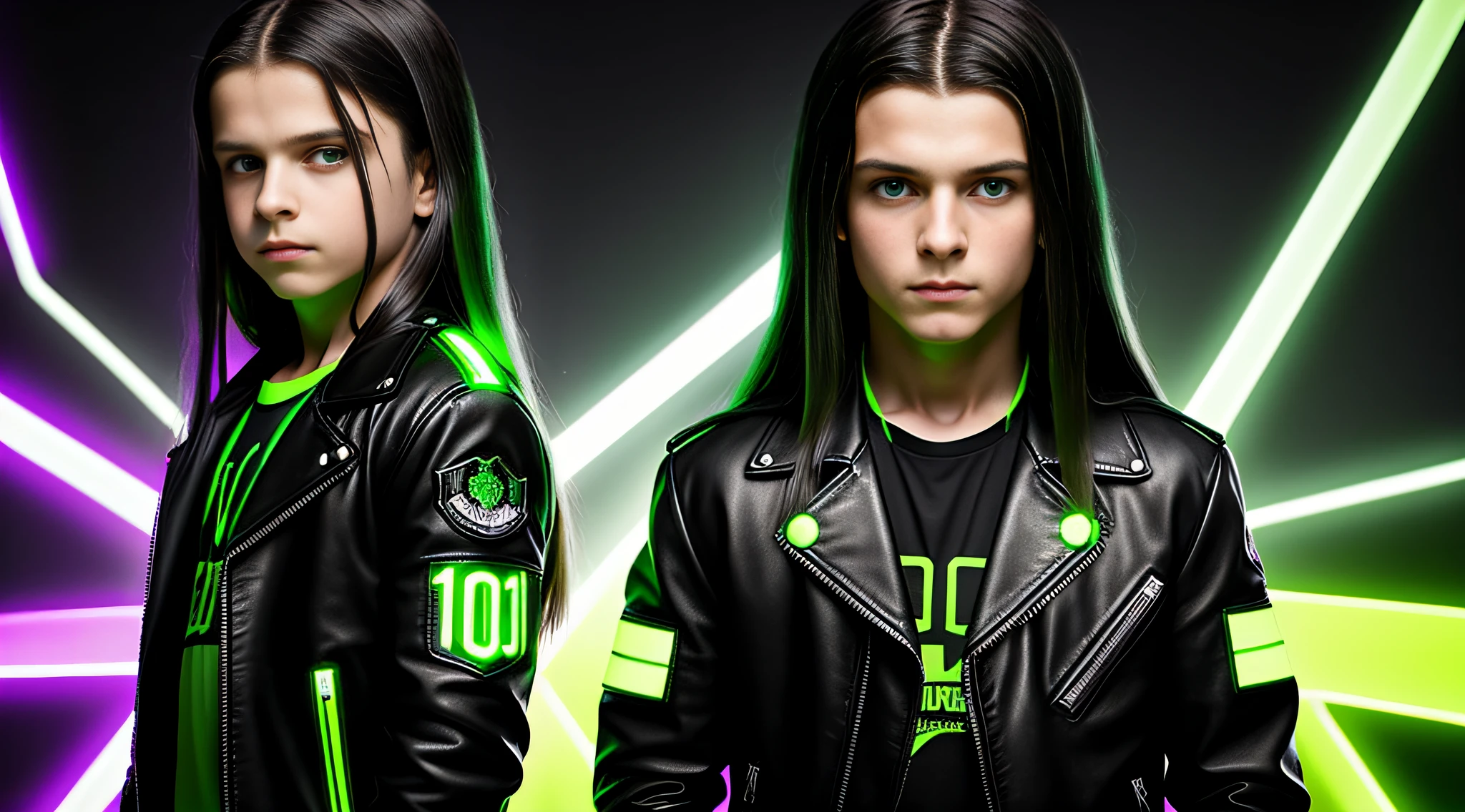 Russian children boys 10 years old WITH LONG STRAIGHT HAIR dark, PORTRAIT STYLE, black leather jacket that are holding a lamp, promotional image, promotional image, promotional image, promotional art, next gen, bright green, green glow, TV show, bright green eyes, key art, Green Glow, neon green, supernatural green eyes, photo render, enigmatic!!, Color yet, Rendered image